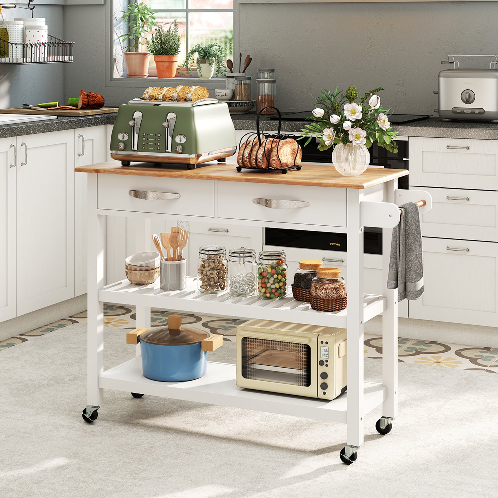 Kitchen Island with Storage 3-Tier Rolling Utility Cart with Wood Countertop-White