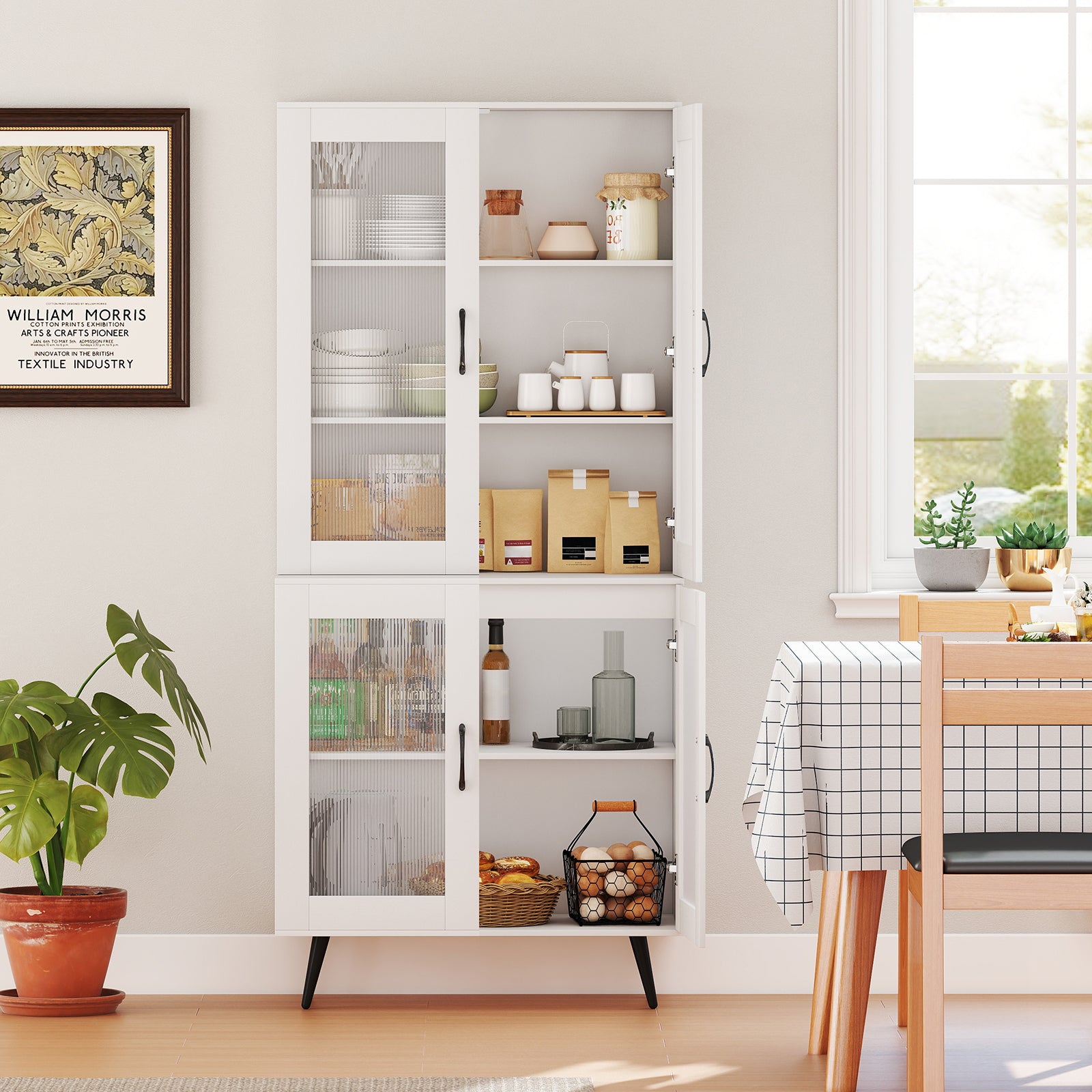 Kitchen Pantry Cabinet with Transparent Doors and Metal Legs-White
