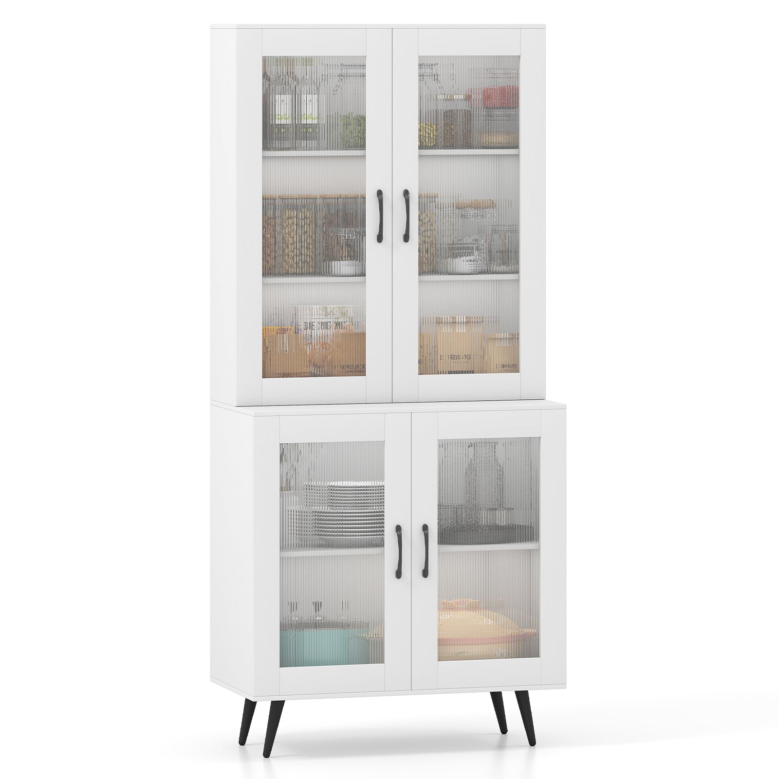 Kitchen Pantry Cabinet with Transparent Doors and Metal Legs-White