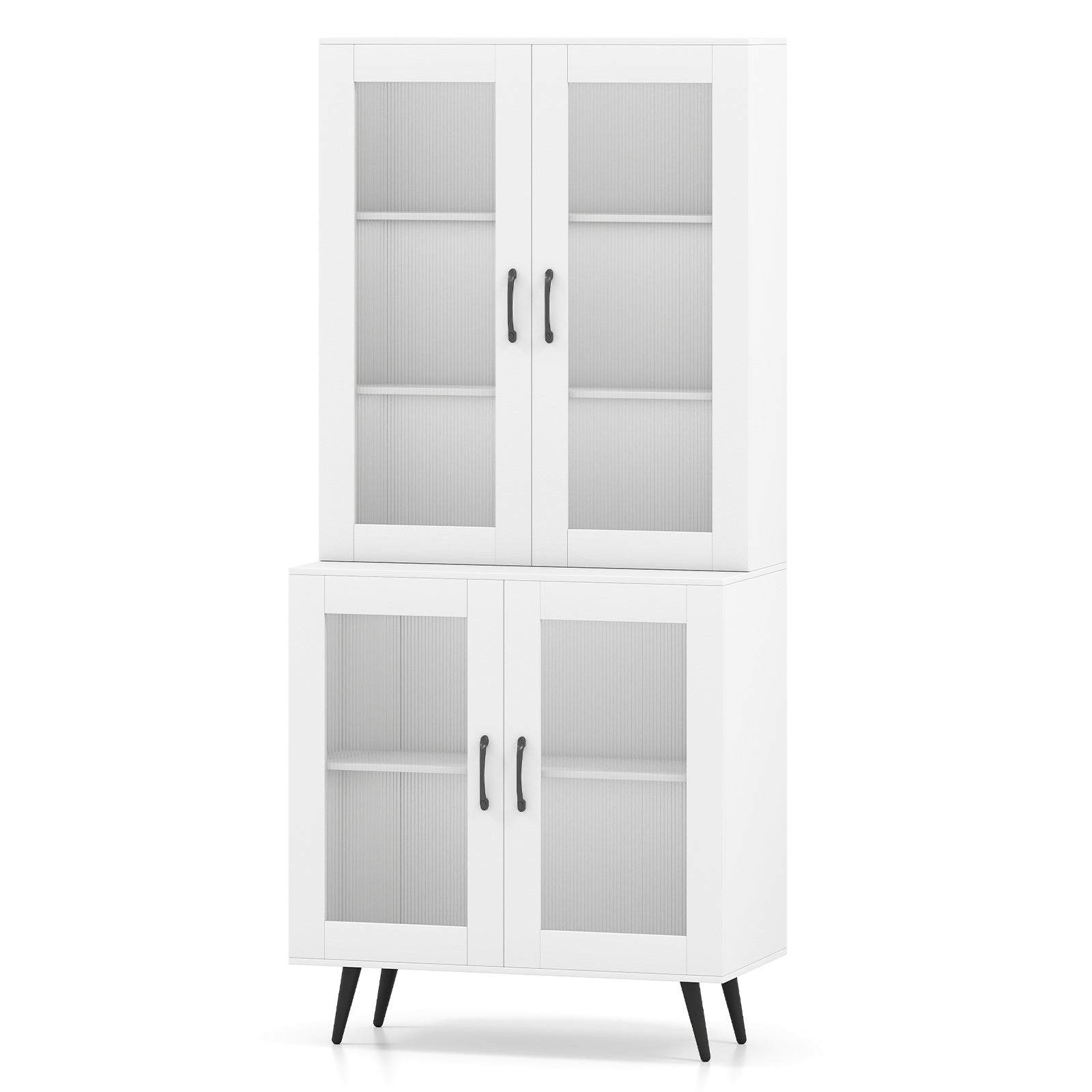 Kitchen Pantry Cabinet with Transparent Doors and Metal Legs-White