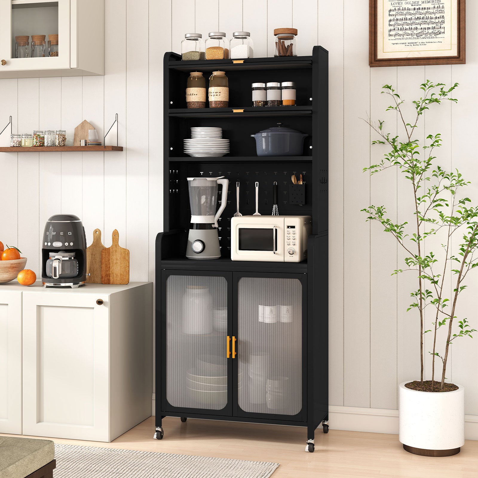 Kitchen Pantry Storage Cabinet with Large Countertop-Black