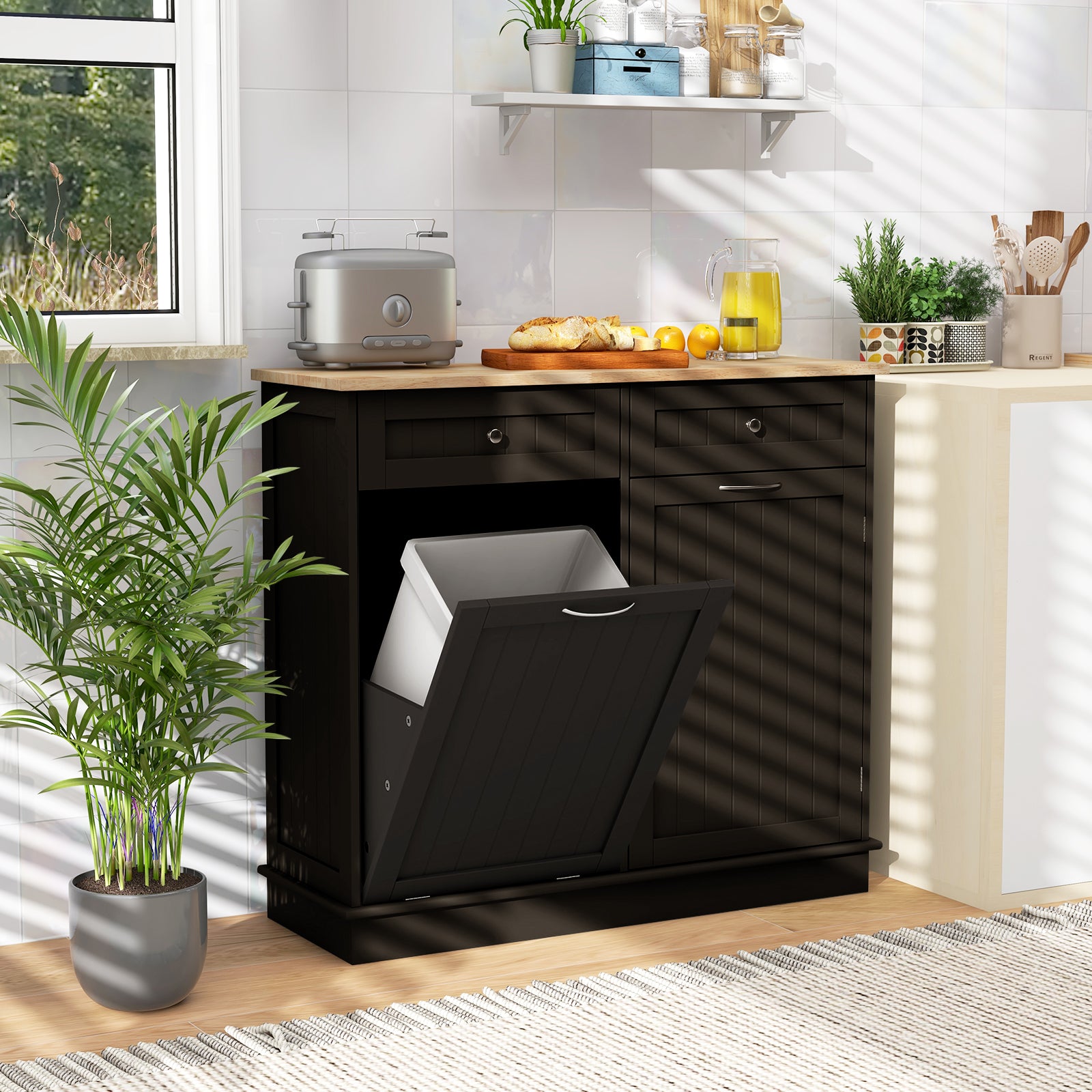Kitchen Tilt Out Trash Cabinet with 70L Hidden Garbage Holder-Brown