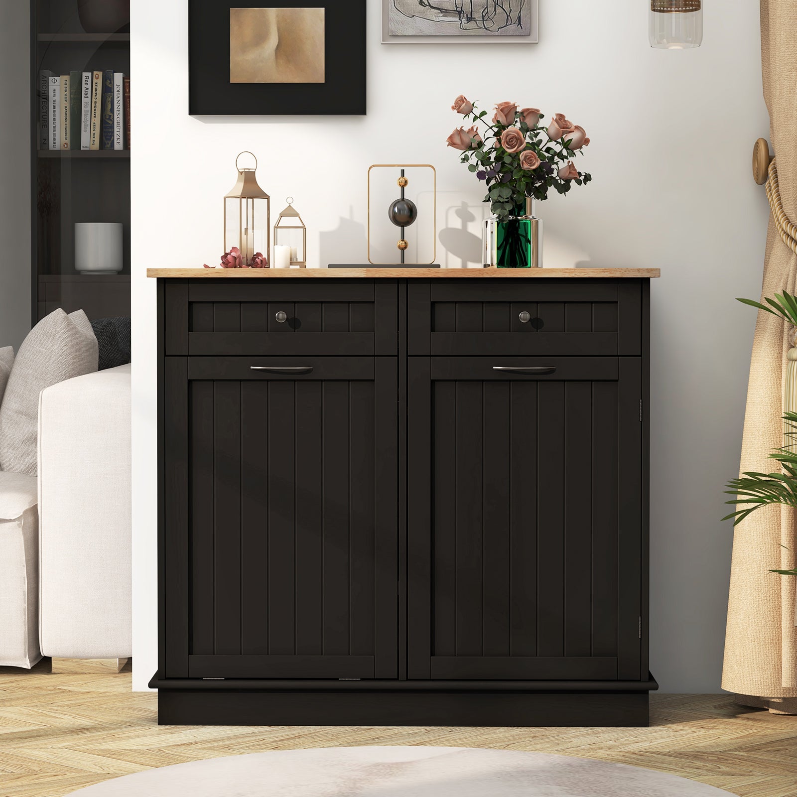 Kitchen Tilt Out Trash Cabinet with 70L Hidden Garbage Holder-Brown