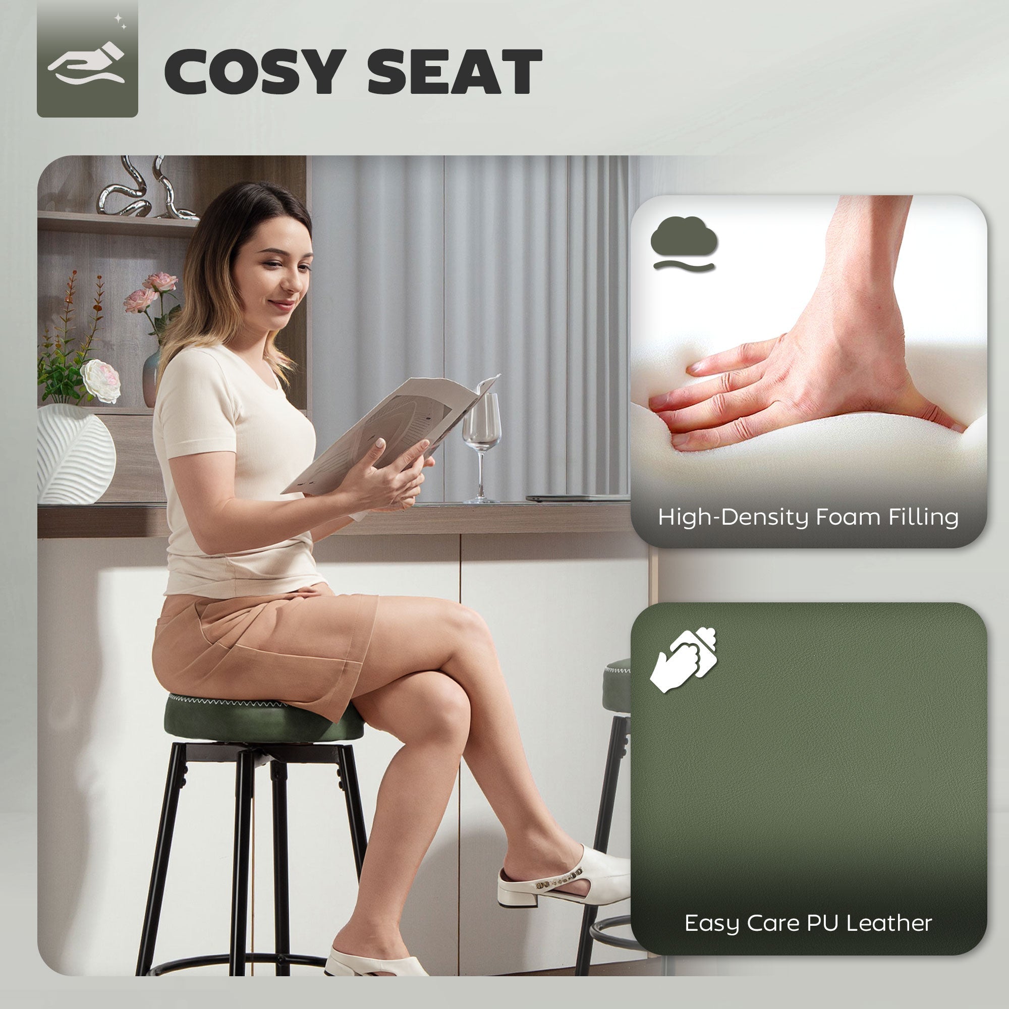 HOMCOM Set of Two Faux Leather Bar Stools - Green/Black