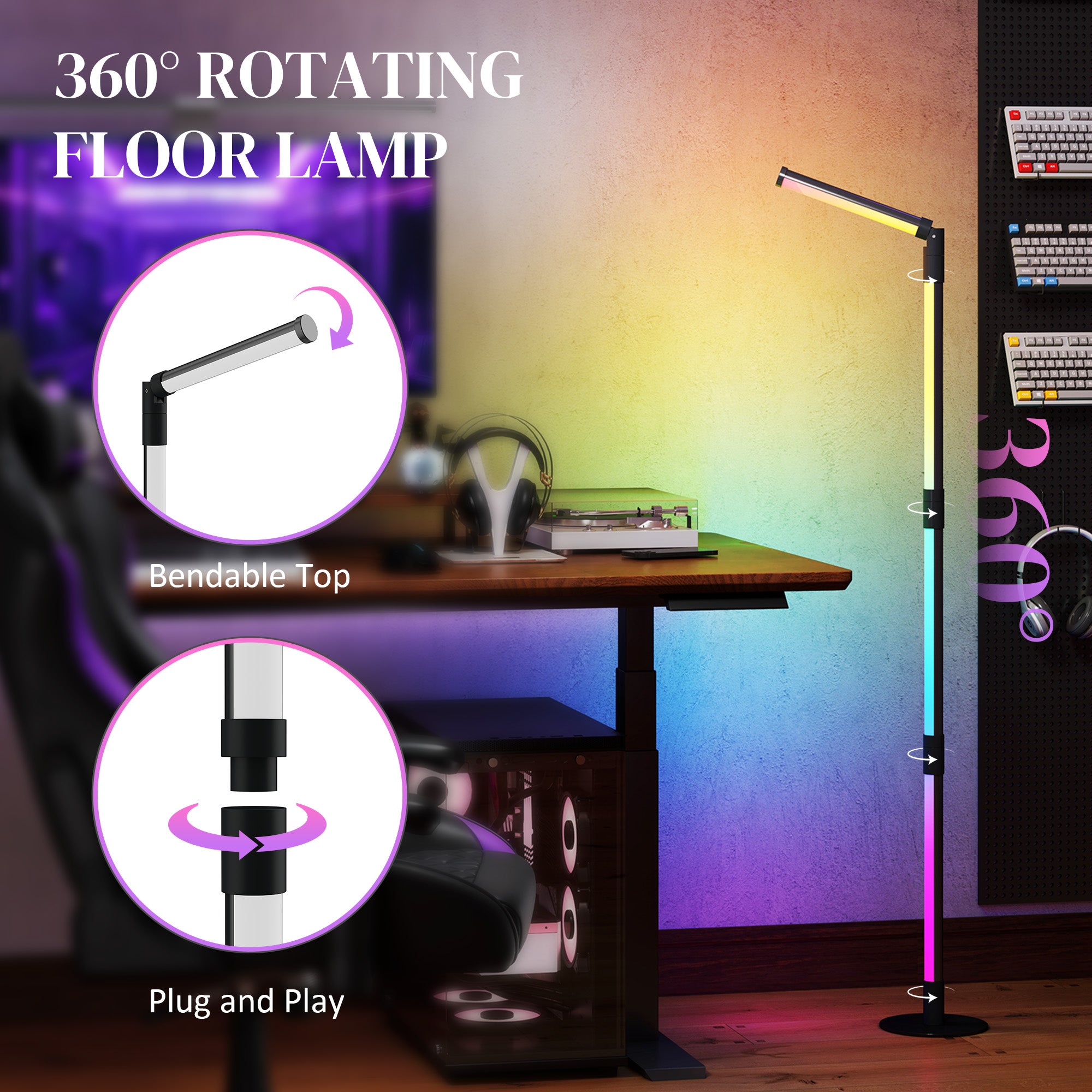 HOMCOM LED Floor Lamp, 360√Ç¬∞ RGB Detachable Corner Floor Lamp with App & Remote Control, Colour Changing Standing Lamp with Music Sync & Timing, for Living Room, Game Room, Dark Grey