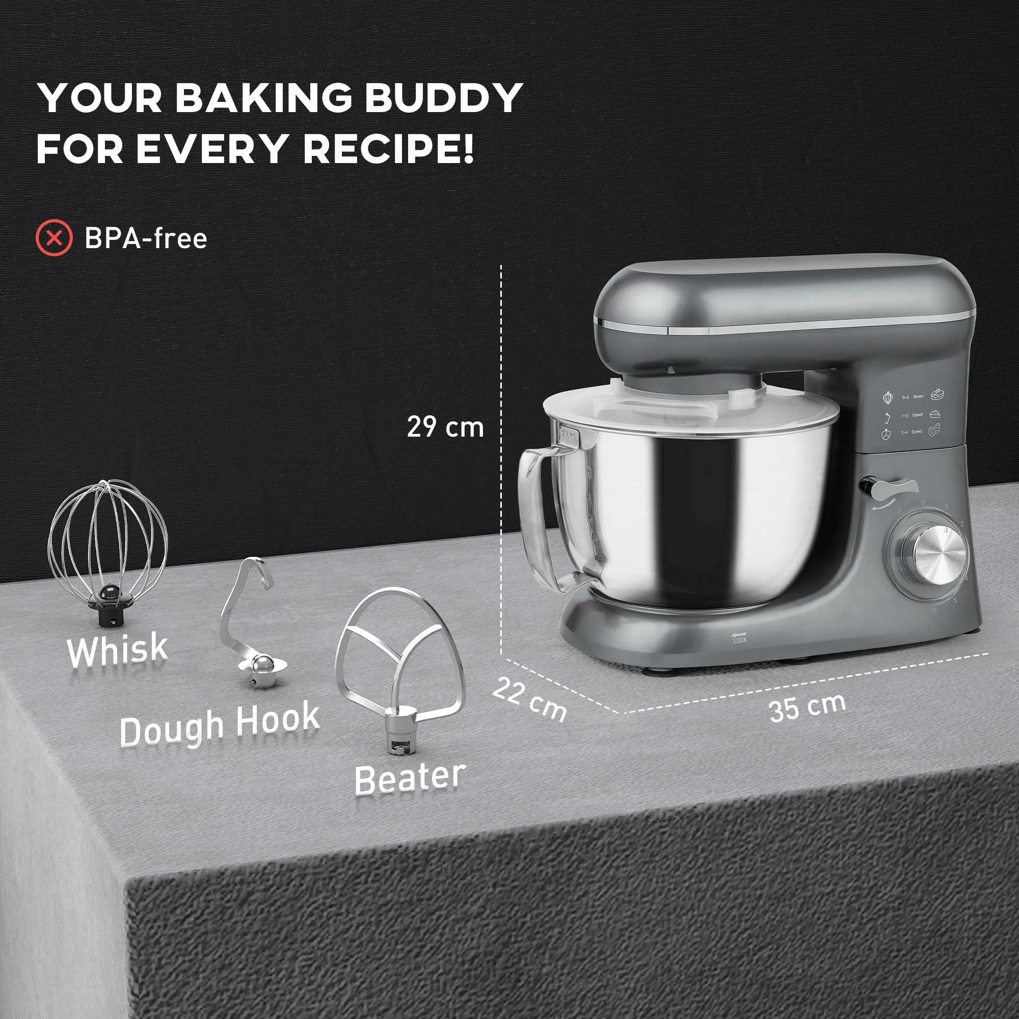 HOMCOM 1300W Kitchen Stand Mixer, with Accessories - Silver