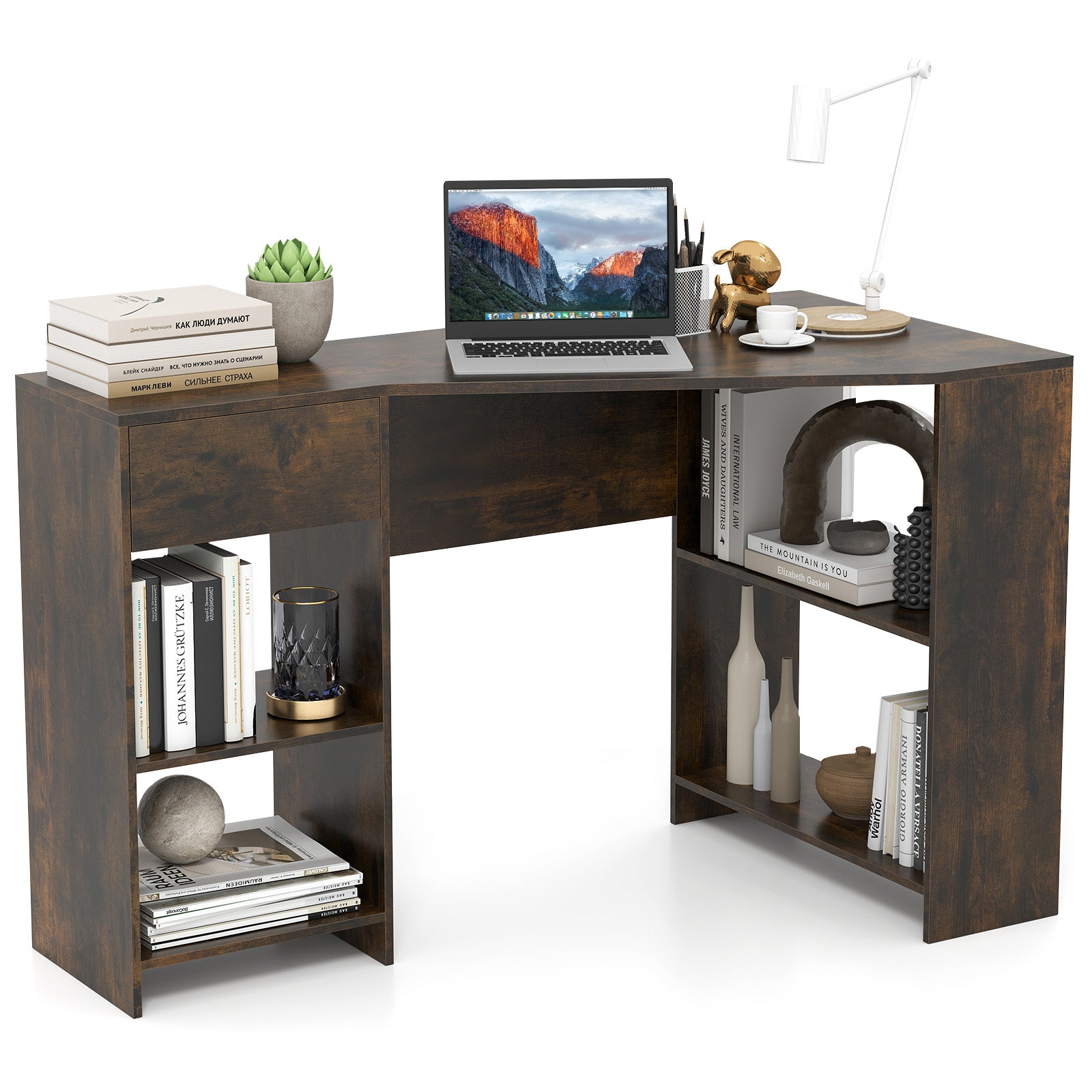L-Shaped Computer Desk with Storage and Open Shelves for Living Room Bedroom-Rustic Brown