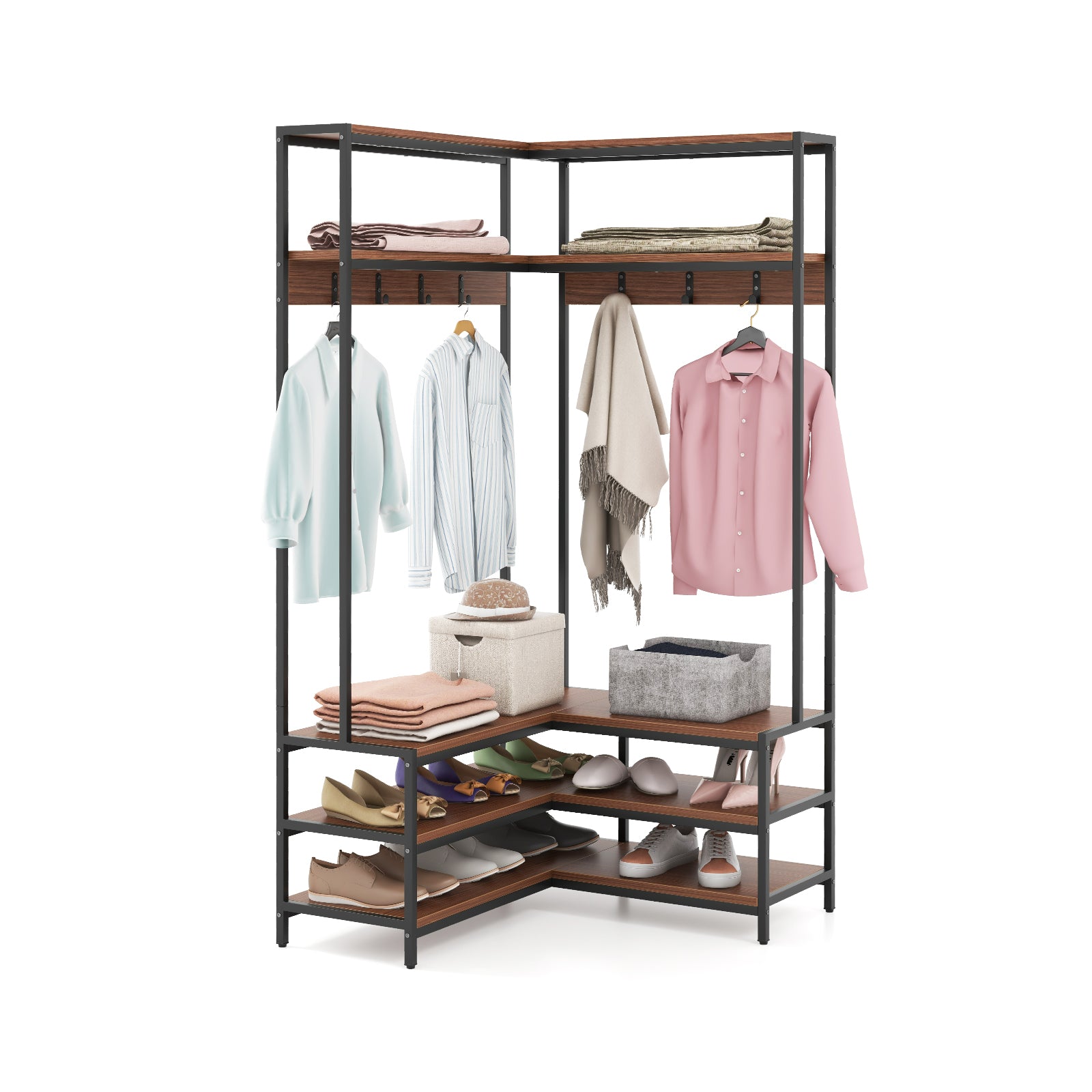 L-shaped Clothes Corner Garment Rack with Open Shelves and 7 Hooks-Walnut