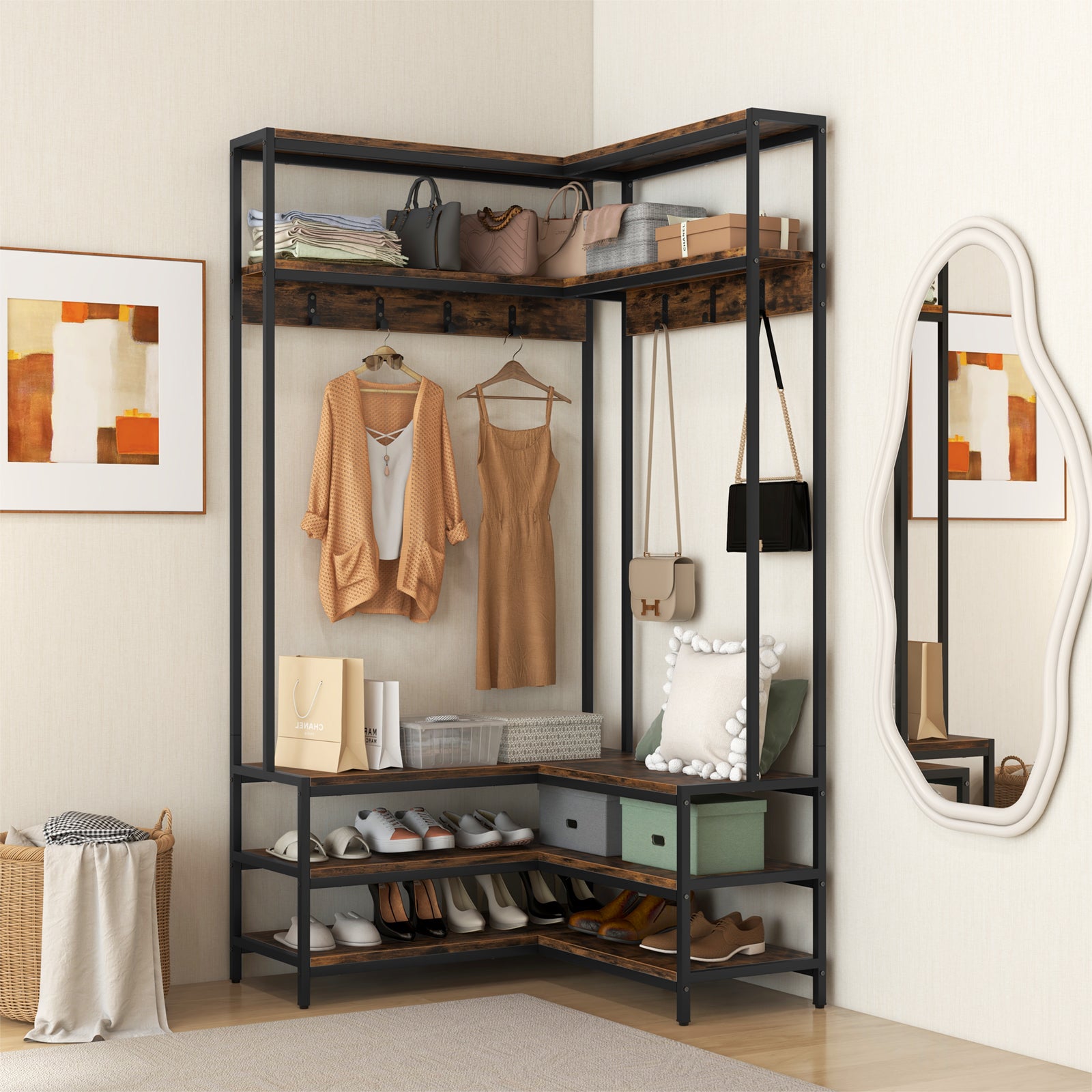L-shaped Clothes Corner Garment Rack with Open Shelves and 7 Hooks-Rustic Brown