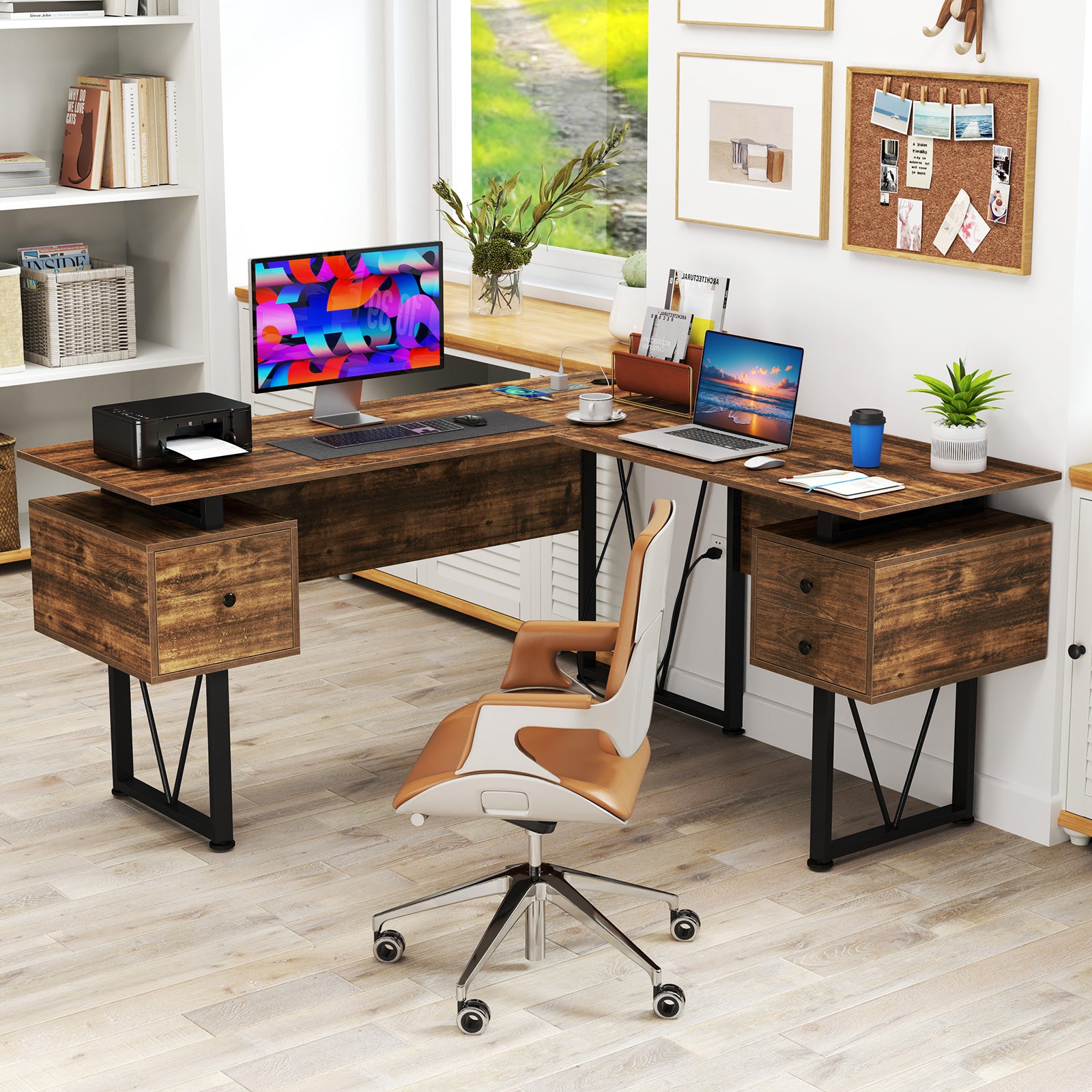 L-shaped Computer Desk with Power Outlets 3 Storage Drawers-Rustic Brown