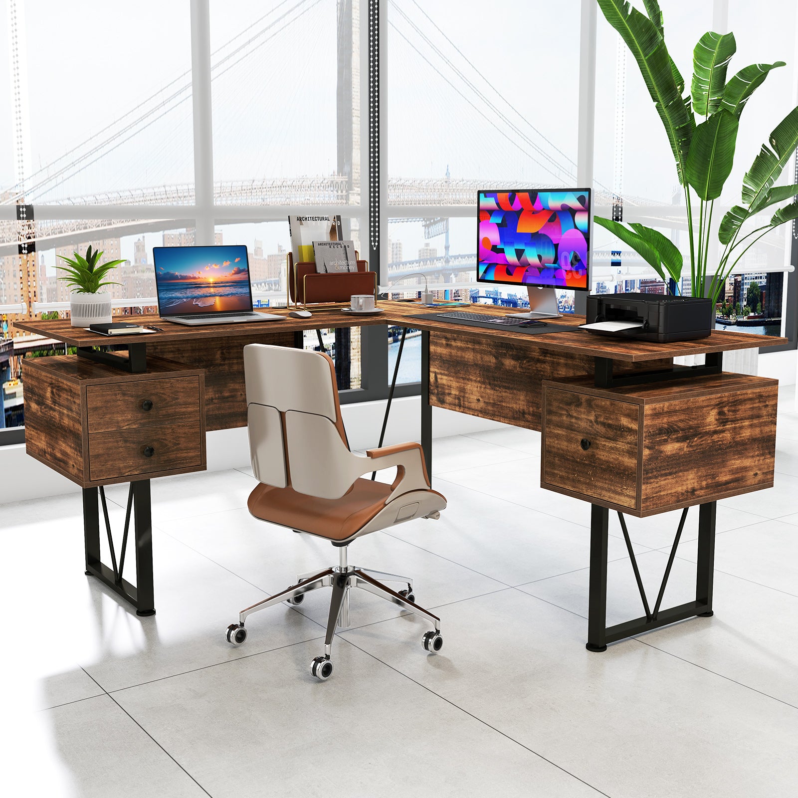 L-shaped Computer Desk with Power Outlets 3 Storage Drawers-Rustic Brown