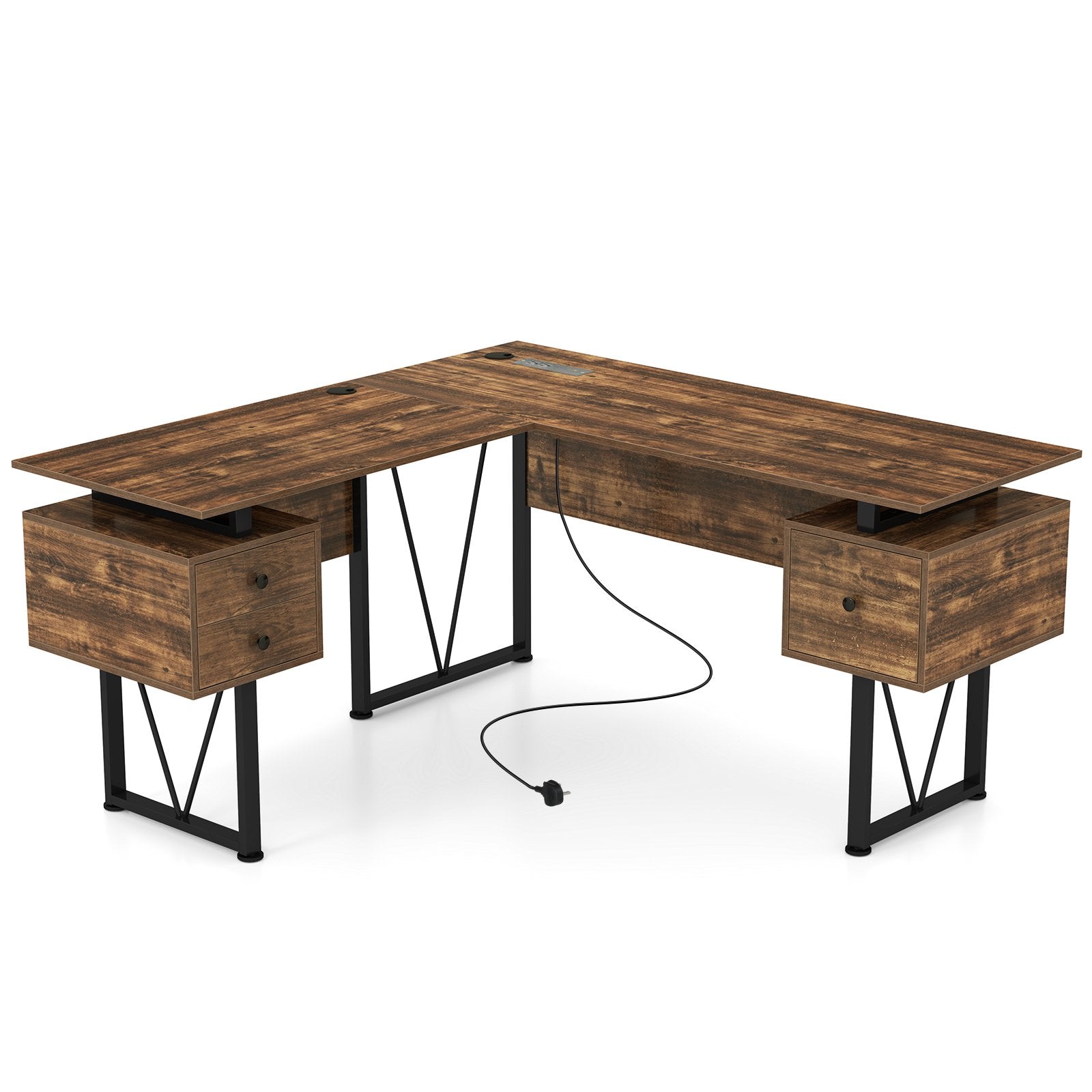 L-shaped Computer Desk with Power Outlets 3 Storage Drawers-Rustic Brown