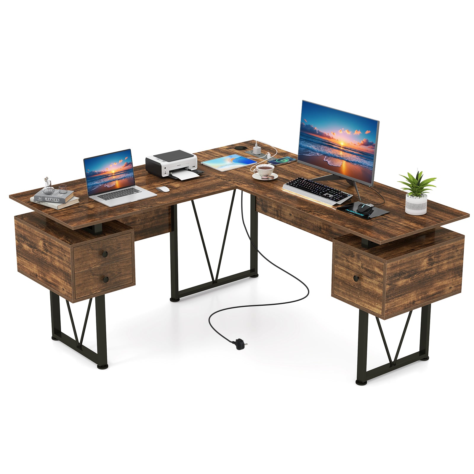 L-shaped Computer Desk with Power Outlets 3 Storage Drawers-Rustic Brown