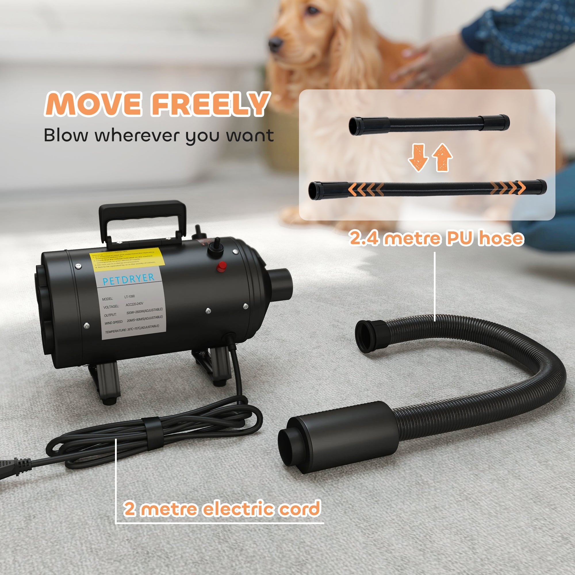 PawHut 2200W Dog Hair Dryer with Adjustable Temperature & Velocity, 3 Different Nozzles, Black