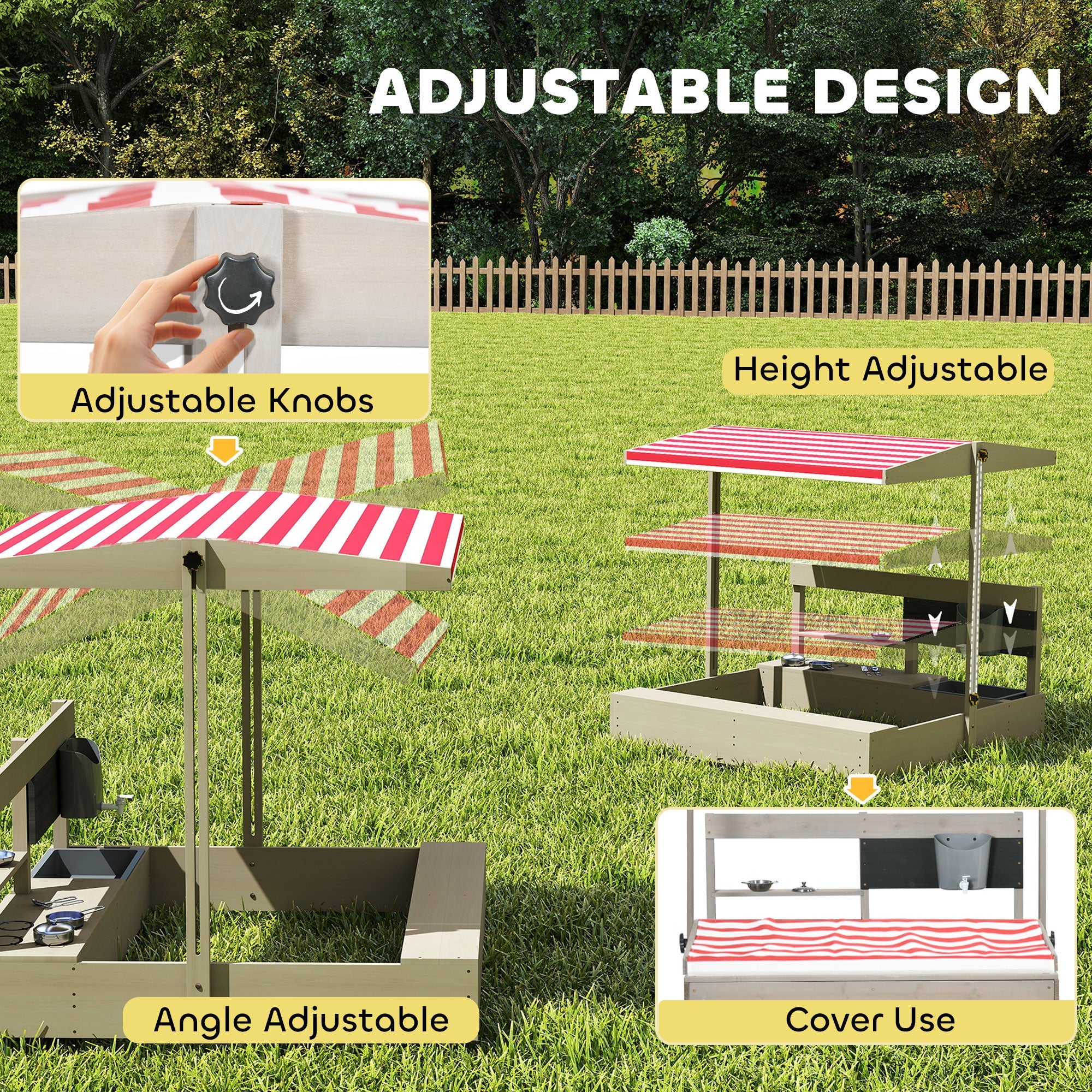 Outsunny Kids Wooden Sandbox w/ Canopy, Kitchen Toys, Seat, Storage, for Ages 3-7 Years