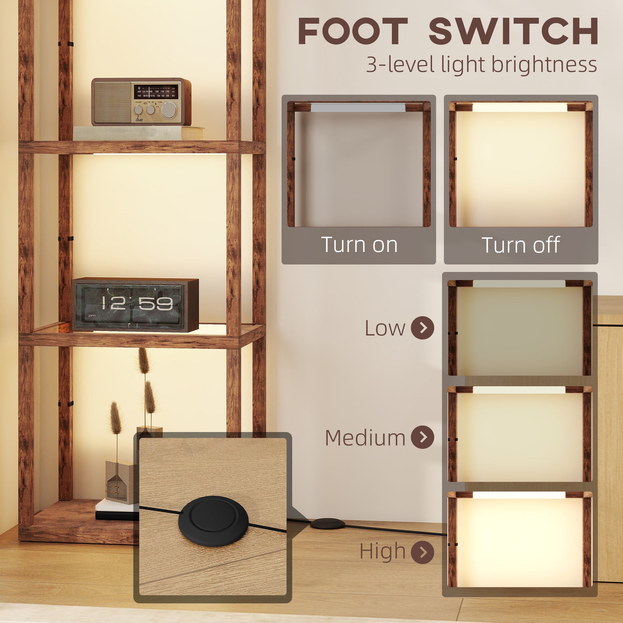 HOMCOM LED Floor Lamp with Glass Shelves, 4 Layers Dimmable Tall Standing Lamp, Modern Column Shelf Floor Light for Living Room, Bedroom, Office, Rustic Brown