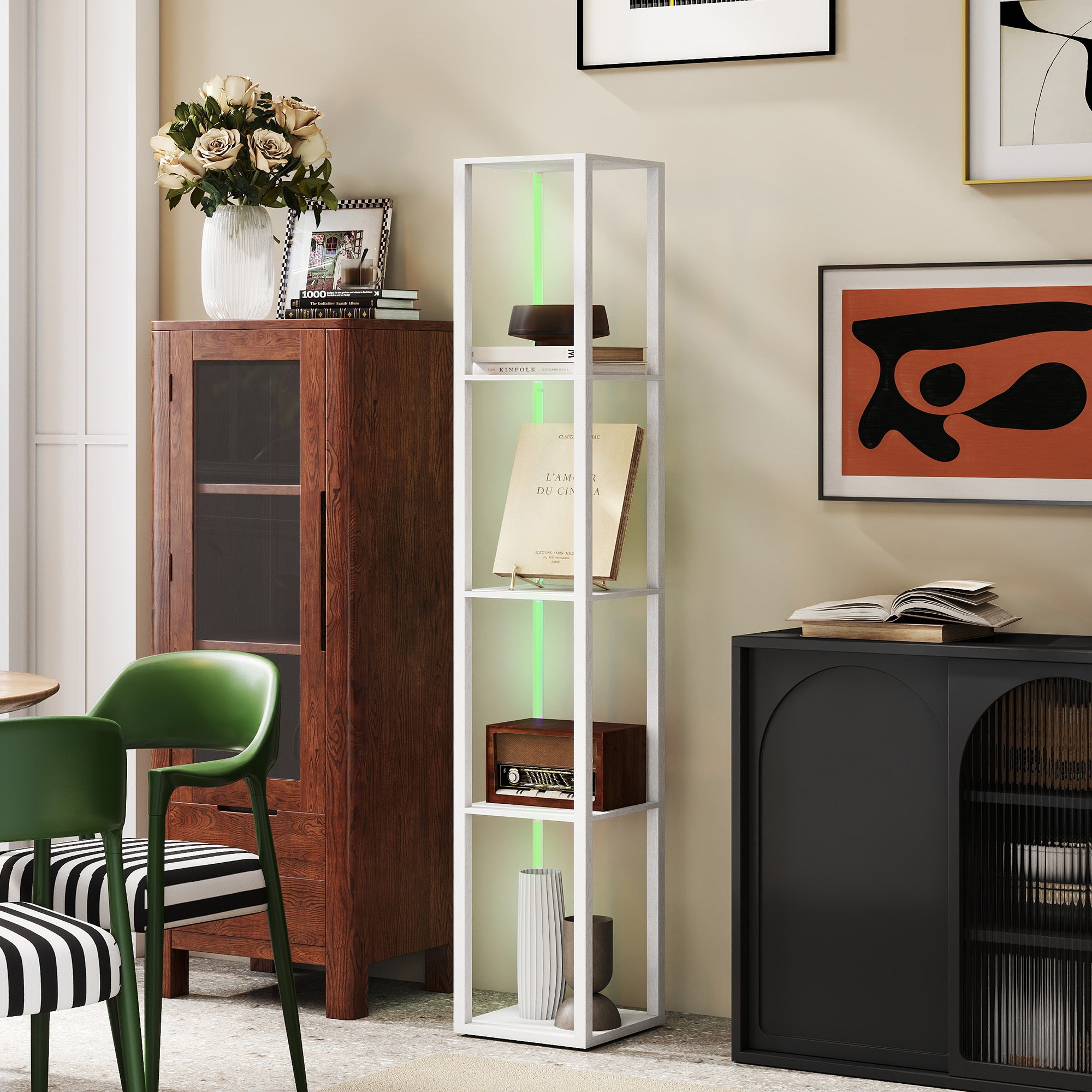 HOMCOM RGB LED Floor Lamp with Shelves, Modern Dimmable Standing Lamp with Remote Control, Adjustable Brightness & Speed for Living Room, Bedroom, Office, White