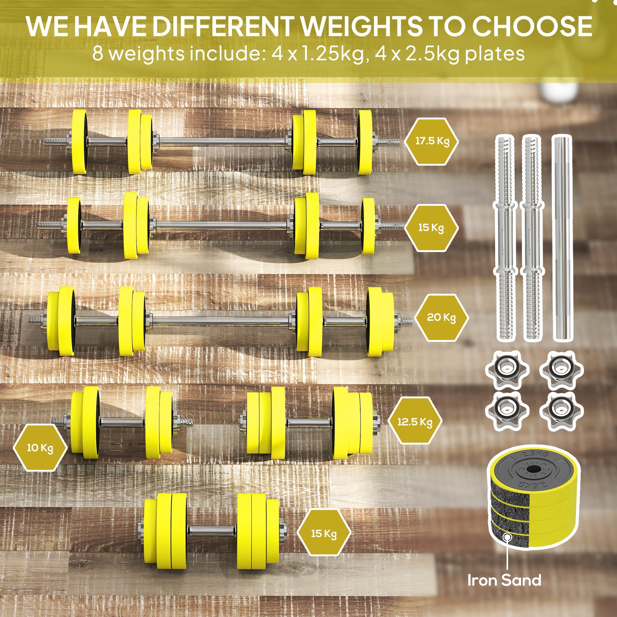 HOMCOM 20KGS 2-In-1 Dumbbell & Barbell Adjustable Set Strength Muscle Exercise Fitness Plate Bar Clamp Rod Home Gym Sports Area, Yellow