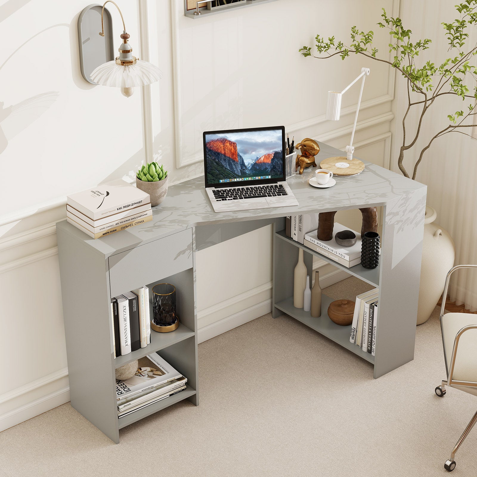 L-Shaped Computer Desk with Storage and Open Shelves for Living Room Bedroom-Grey