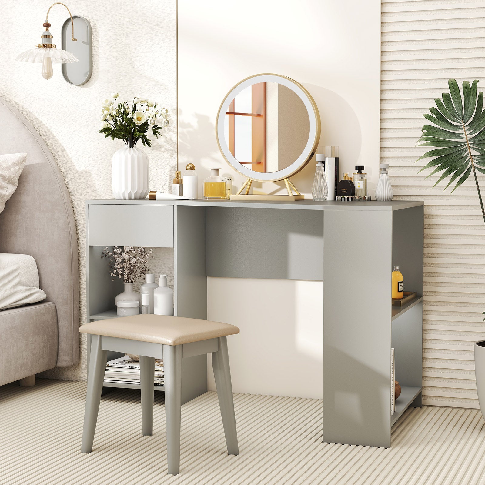 L-Shaped Computer Desk with Storage and Open Shelves for Living Room Bedroom-Grey