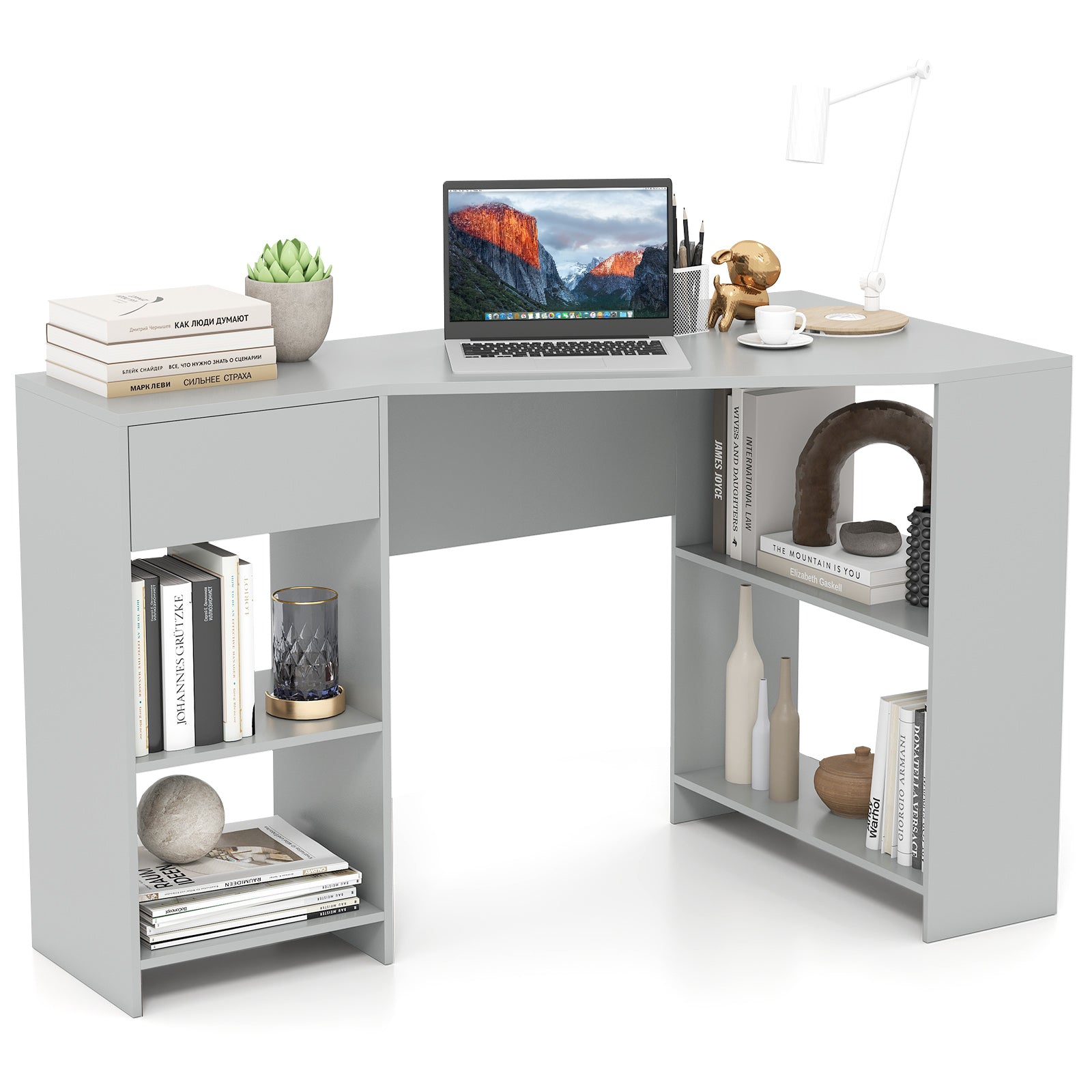 L-Shaped Computer Desk with Storage and Open Shelves for Living Room Bedroom-Grey