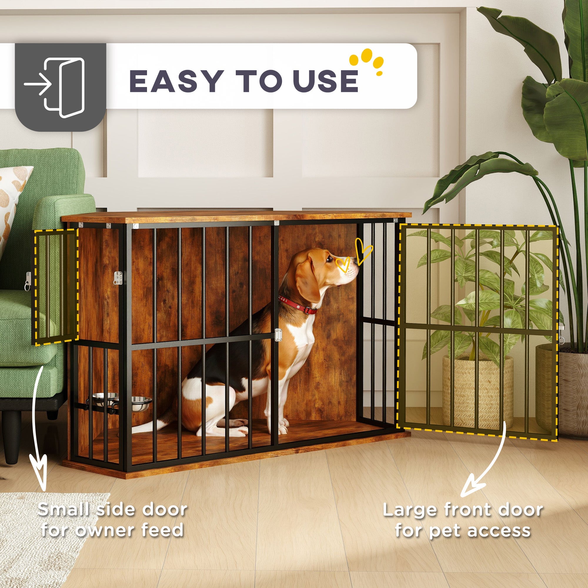 PawHut Corner Dog Crate Furniture with Two Bowls, Lockable Doors, for Small, Medium Dogs, Rustic Brown