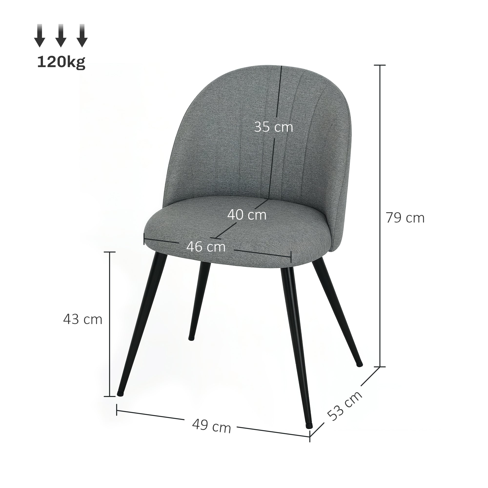 HOMCOM Dining Chairs Set of 2, Modern Upholstered Kitchen Chairs with Metal Legs, Shell Backrest and Padded Seat for Dining Room, Bedroom, Living Room, Vanity, Grey