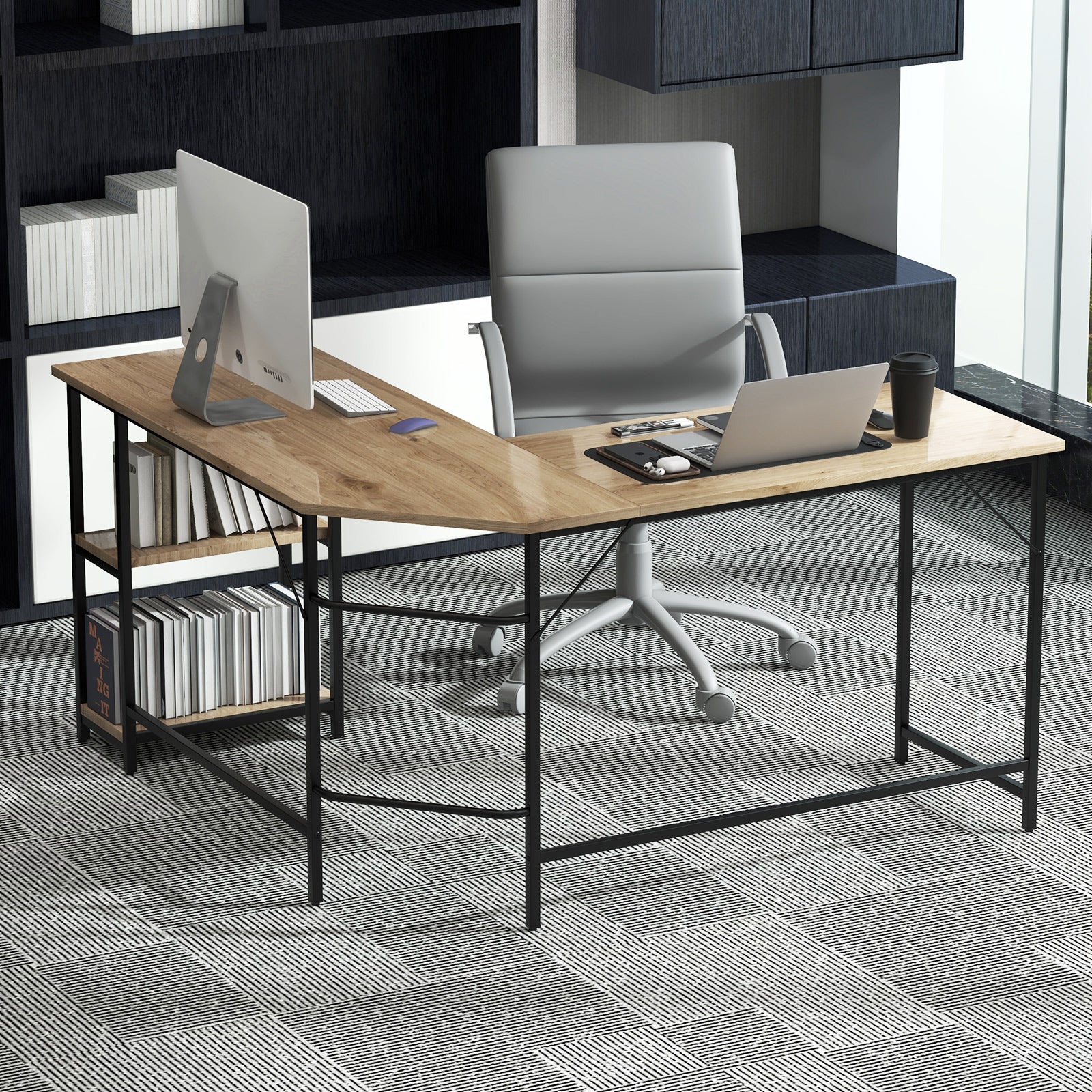 L-Shaped Computer Desk with 2-tier Shelves for Home Office Bedroom-Natural