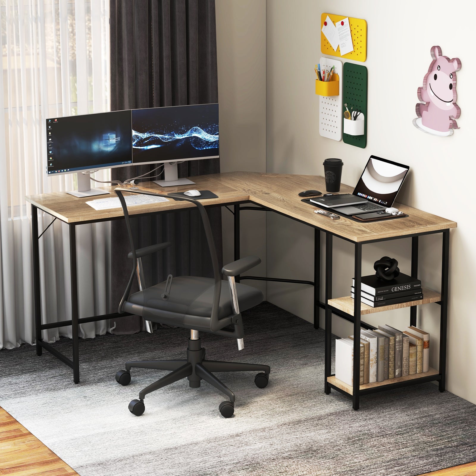 L-Shaped Computer Desk with 2-tier Shelves for Home Office Bedroom-Natural