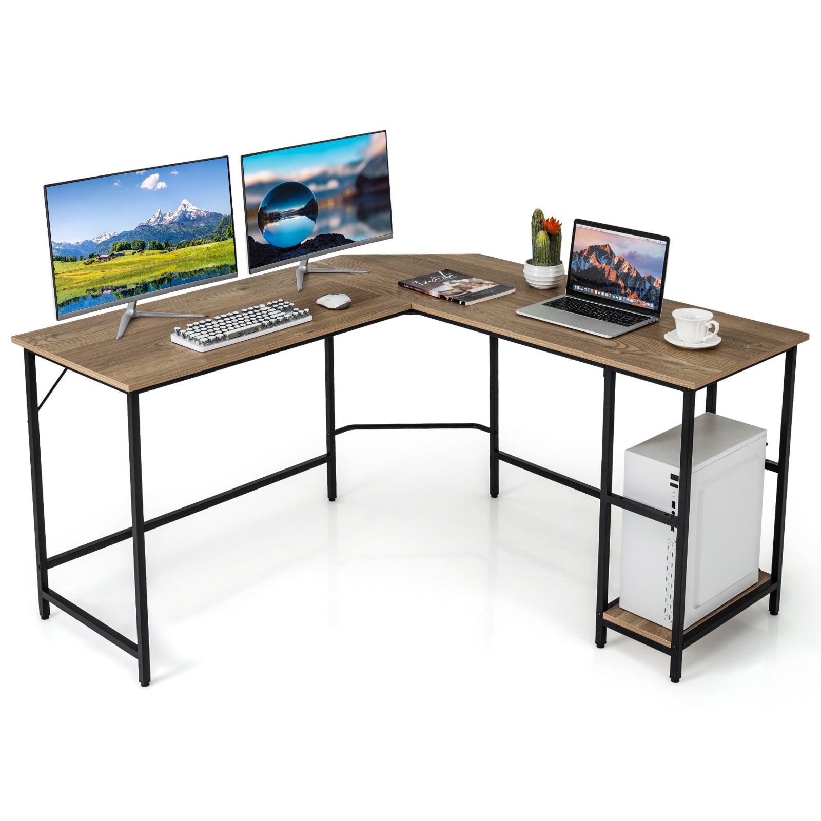 L-Shaped Computer Desk with 2-tier Shelves for Home Office Bedroom-Natural