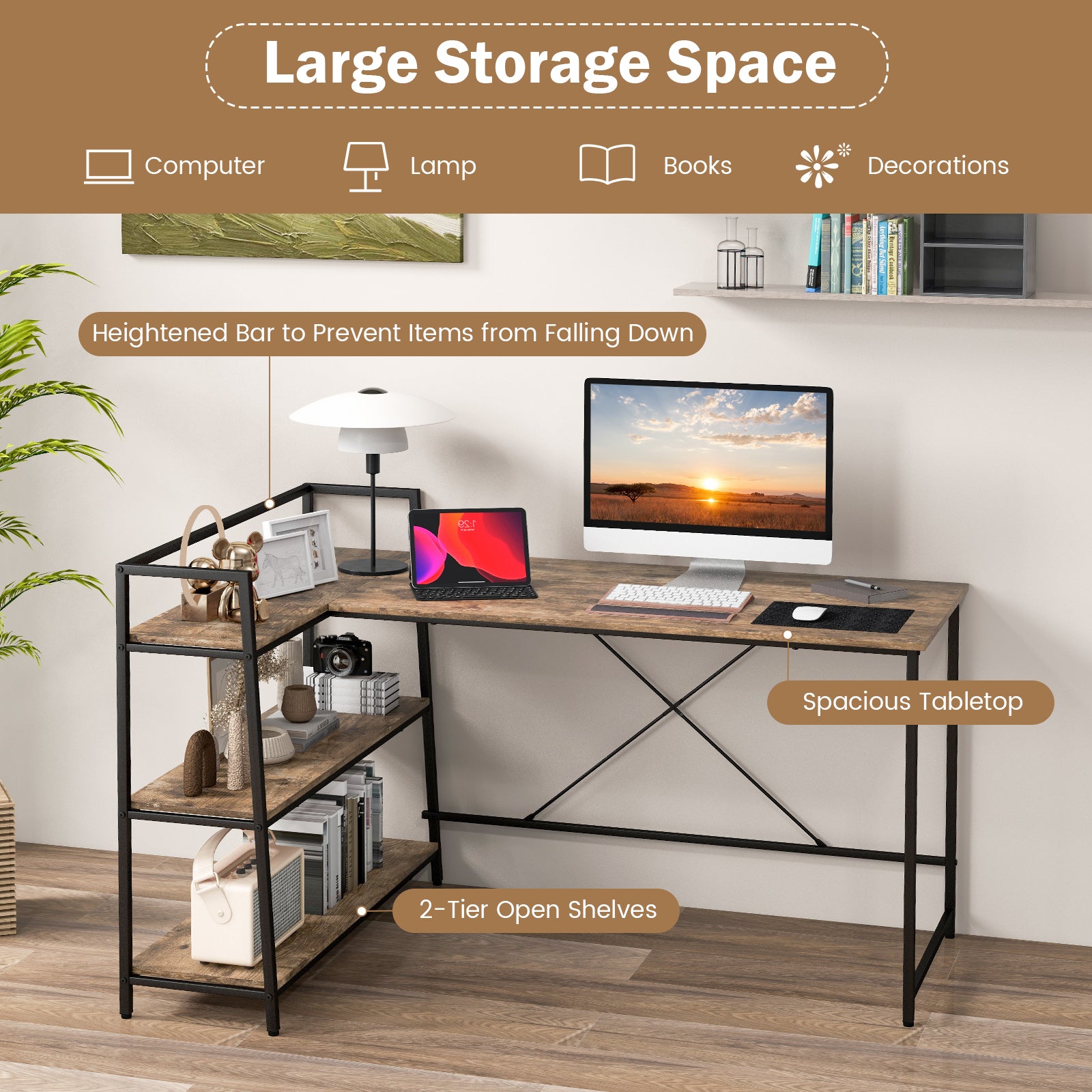 Reversible L-Shaped Computer Desk with Open Storage Shelves-Rustic Brown