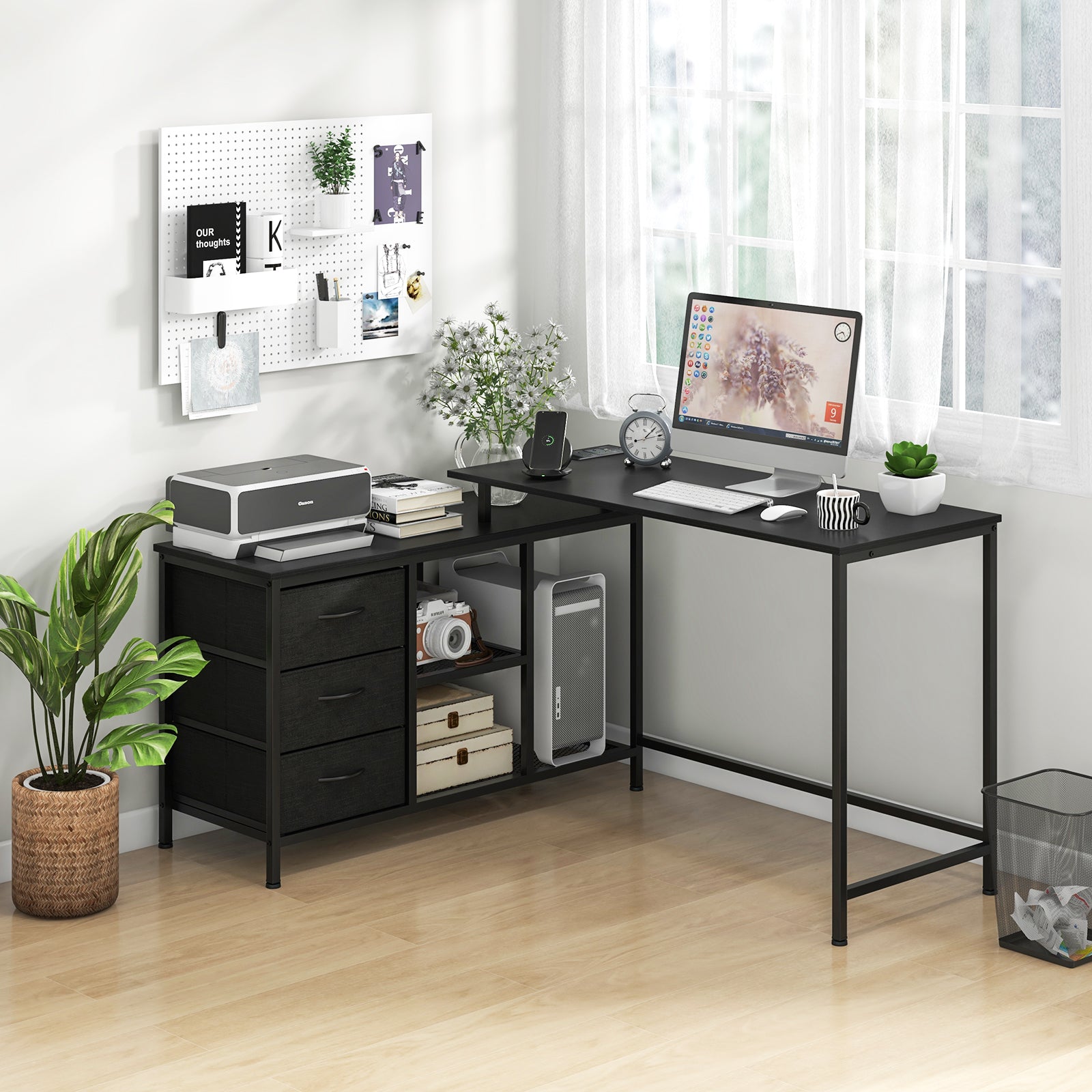 L-Shaped Computer Desk with Drawers Shelves and Charging Station-Black