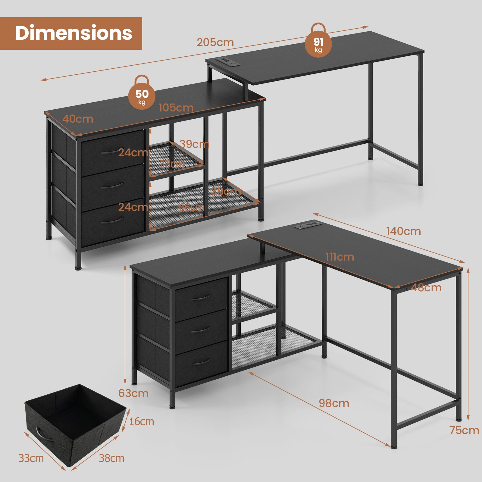 L-Shaped Computer Desk with Drawers Shelves and Charging Station-Black