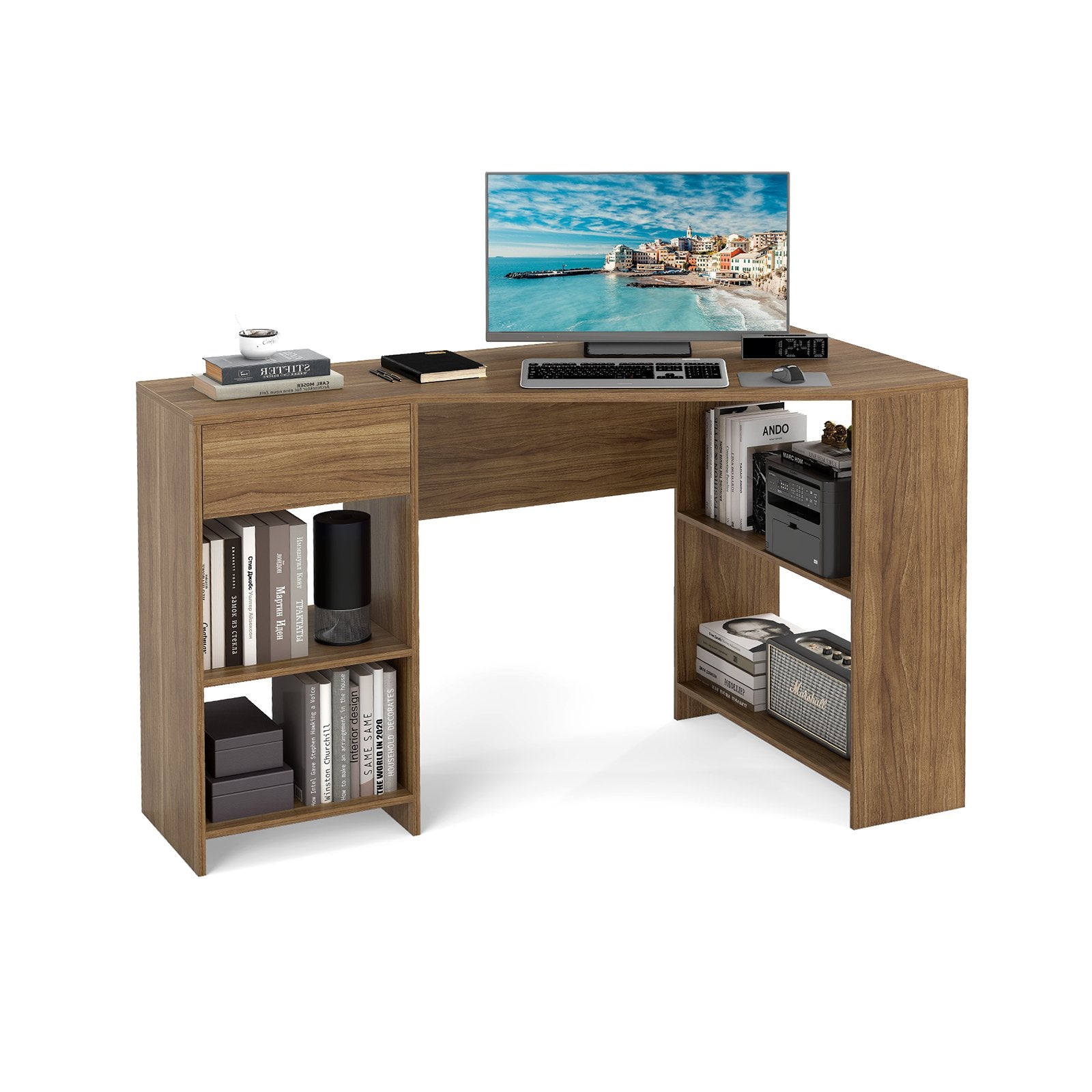 L-Shaped Computer Desk with Storage and Open Shelves for Living Room Bedroom-Natural