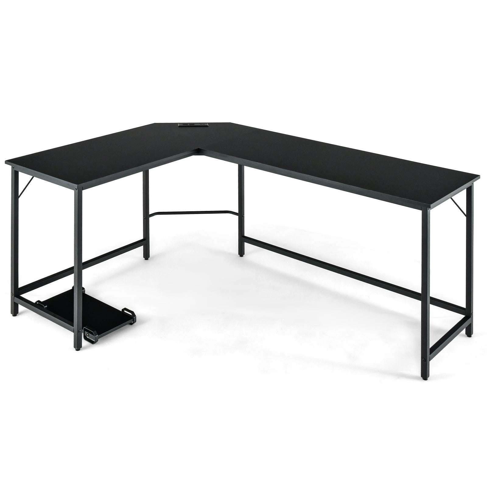 L-Shaped Desk with Power Outlet CPU Stand and Heavy-duty Metal Frame-Black