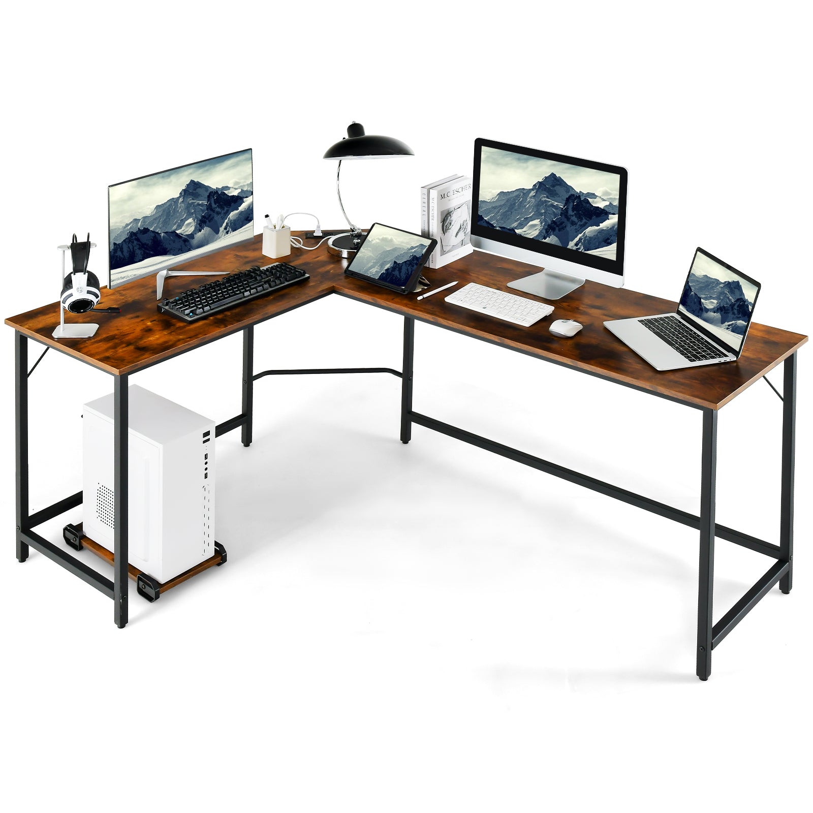 L-Shaped Desk with Power Outlet CPU Stand and Heavy-duty Metal Frame-Rustic Brown