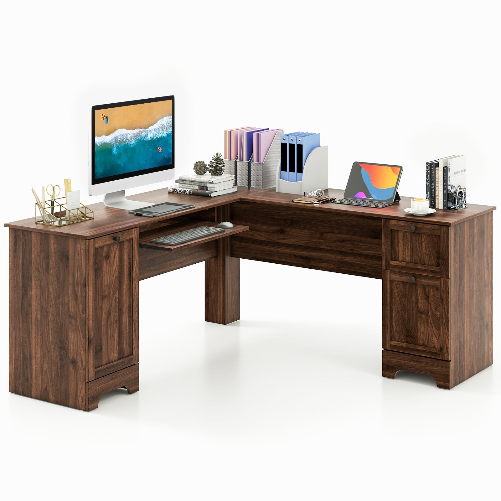 L-Shaped Corner Computer Desk with Drawers and Keyboard Tray-Walnut