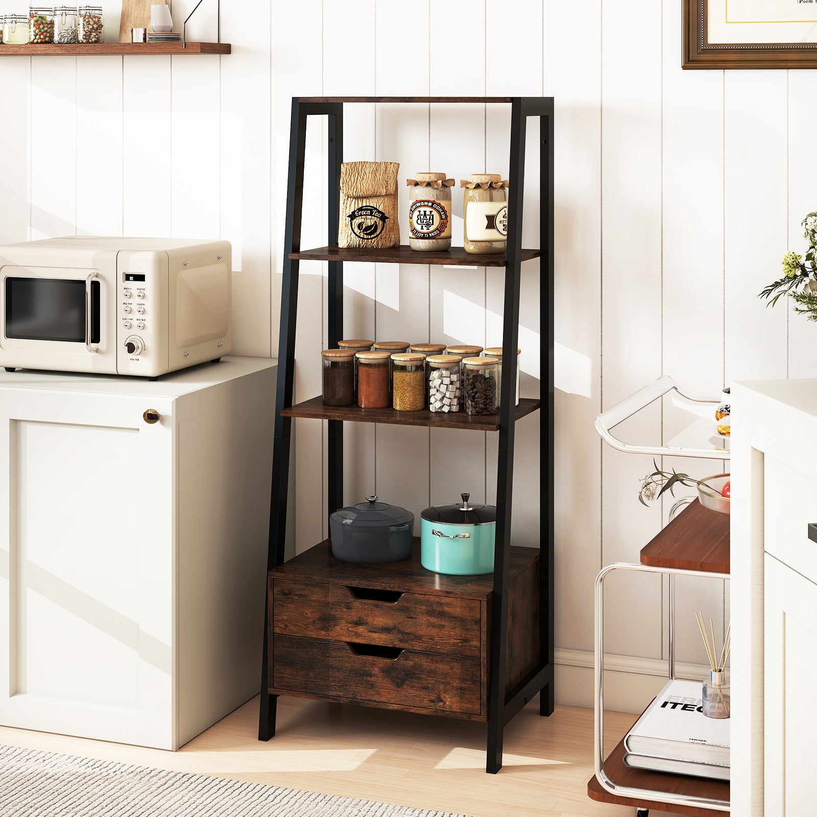 Ladder Bookshelf Tall Freestanding Display Rack with Storage-Rustic Brown