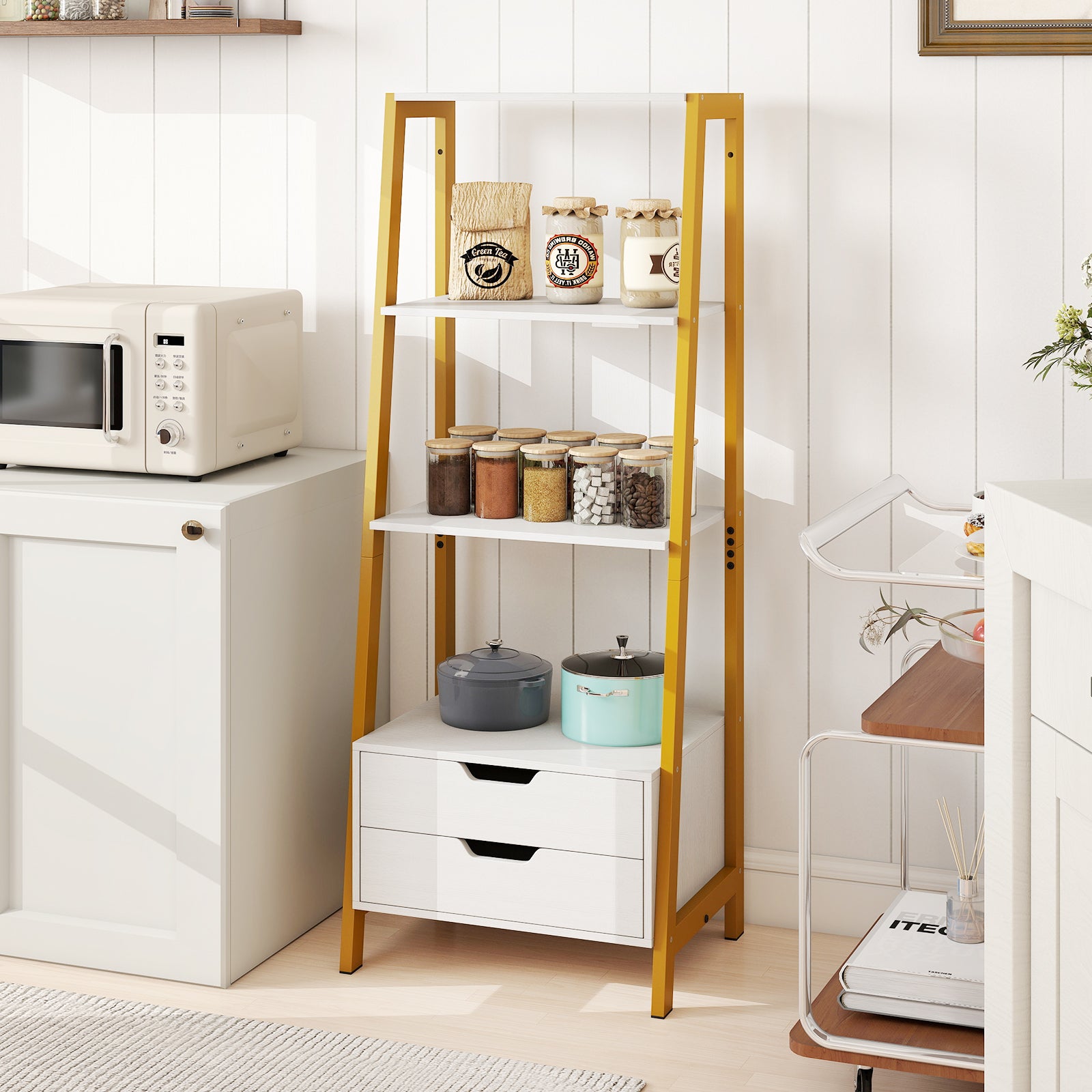 Ladder Bookshelf Tall Freestanding Display Rack with Storage-White