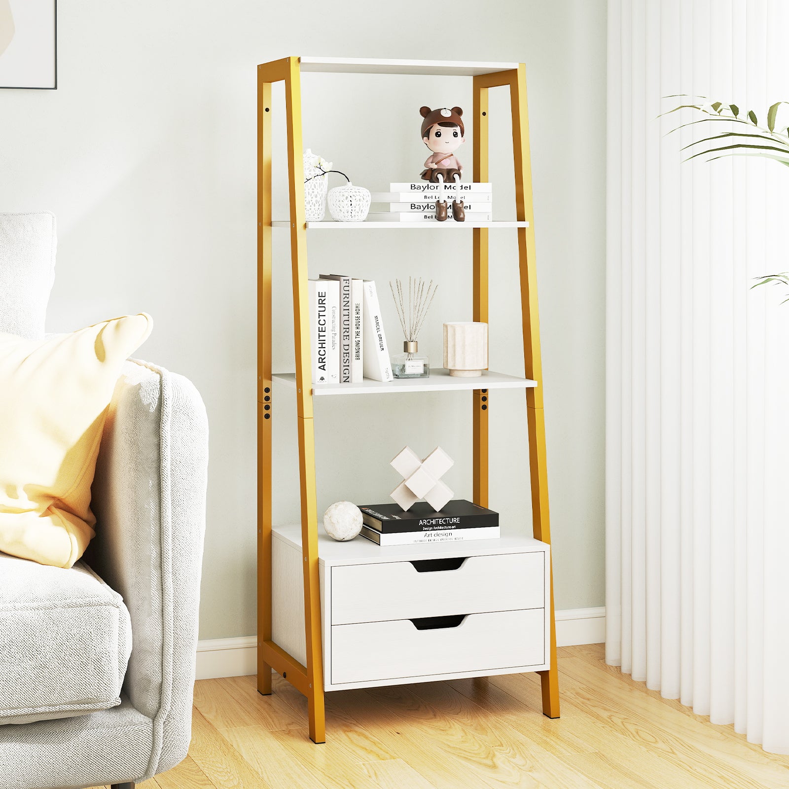 Ladder Bookshelf Tall Freestanding Display Rack with Storage-White