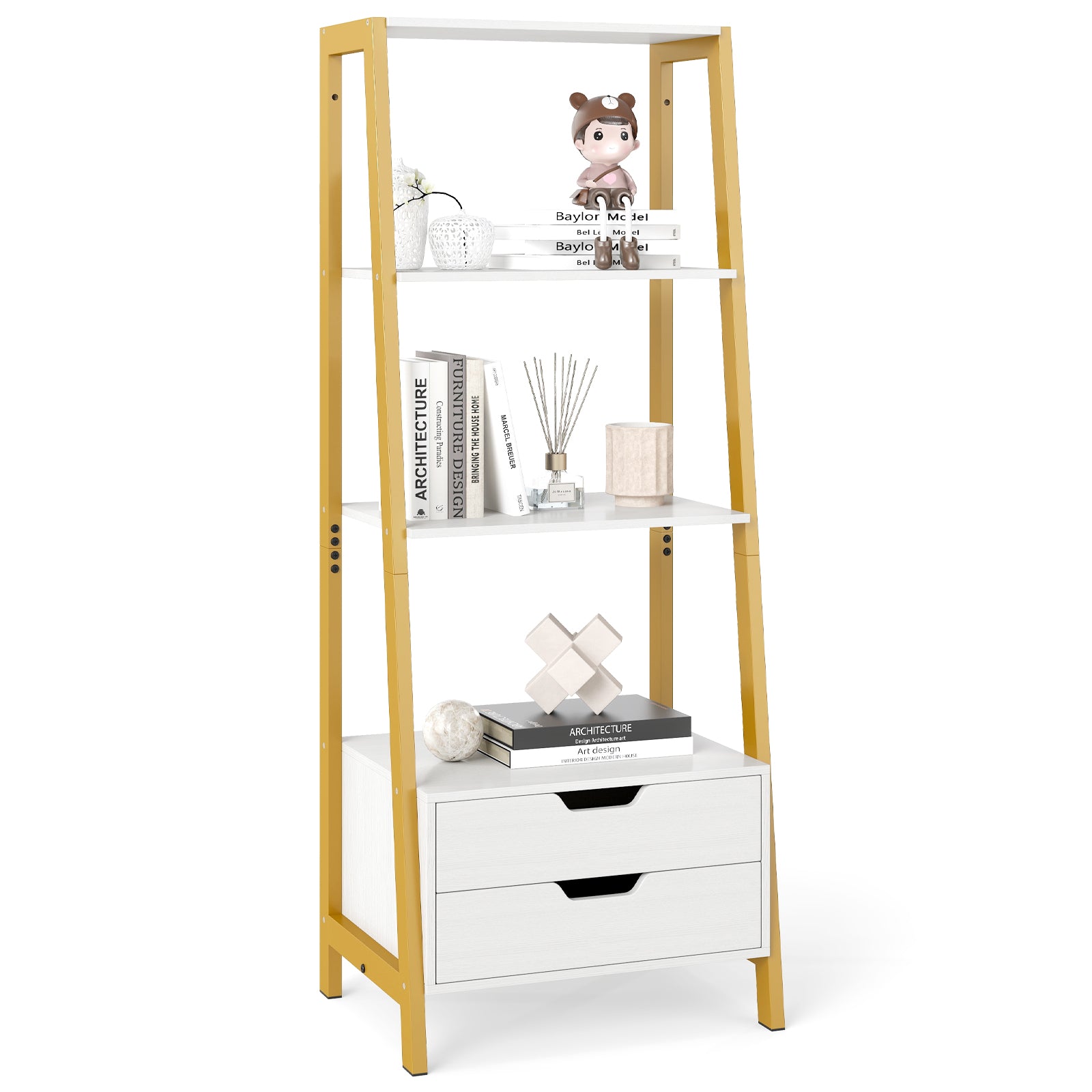 Ladder Bookshelf Tall Freestanding Display Rack with Storage-White