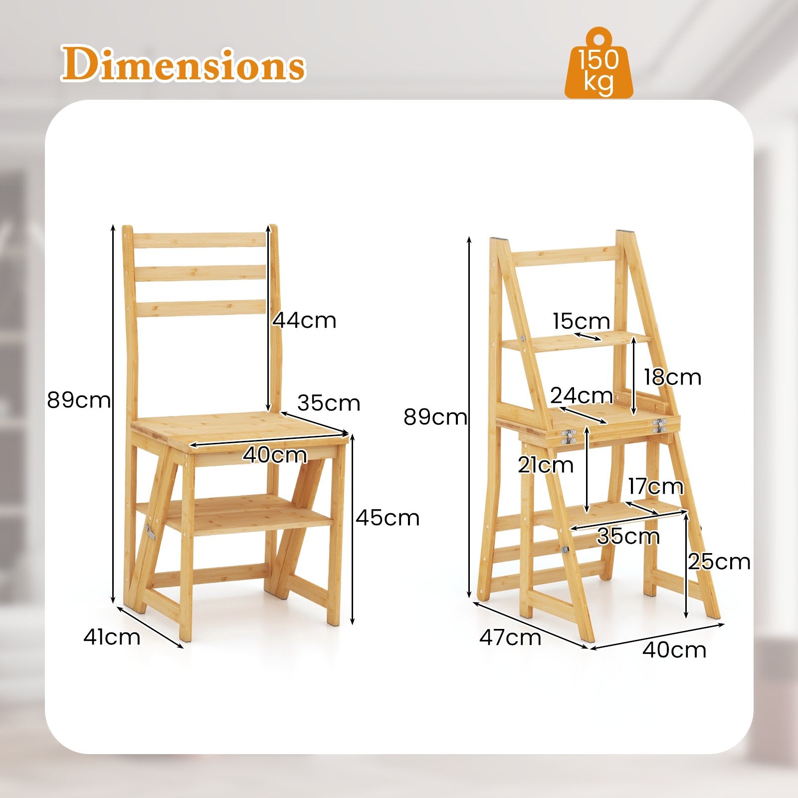 Convertible Step Stool and Chair with Safety Locks for Adults-Natural