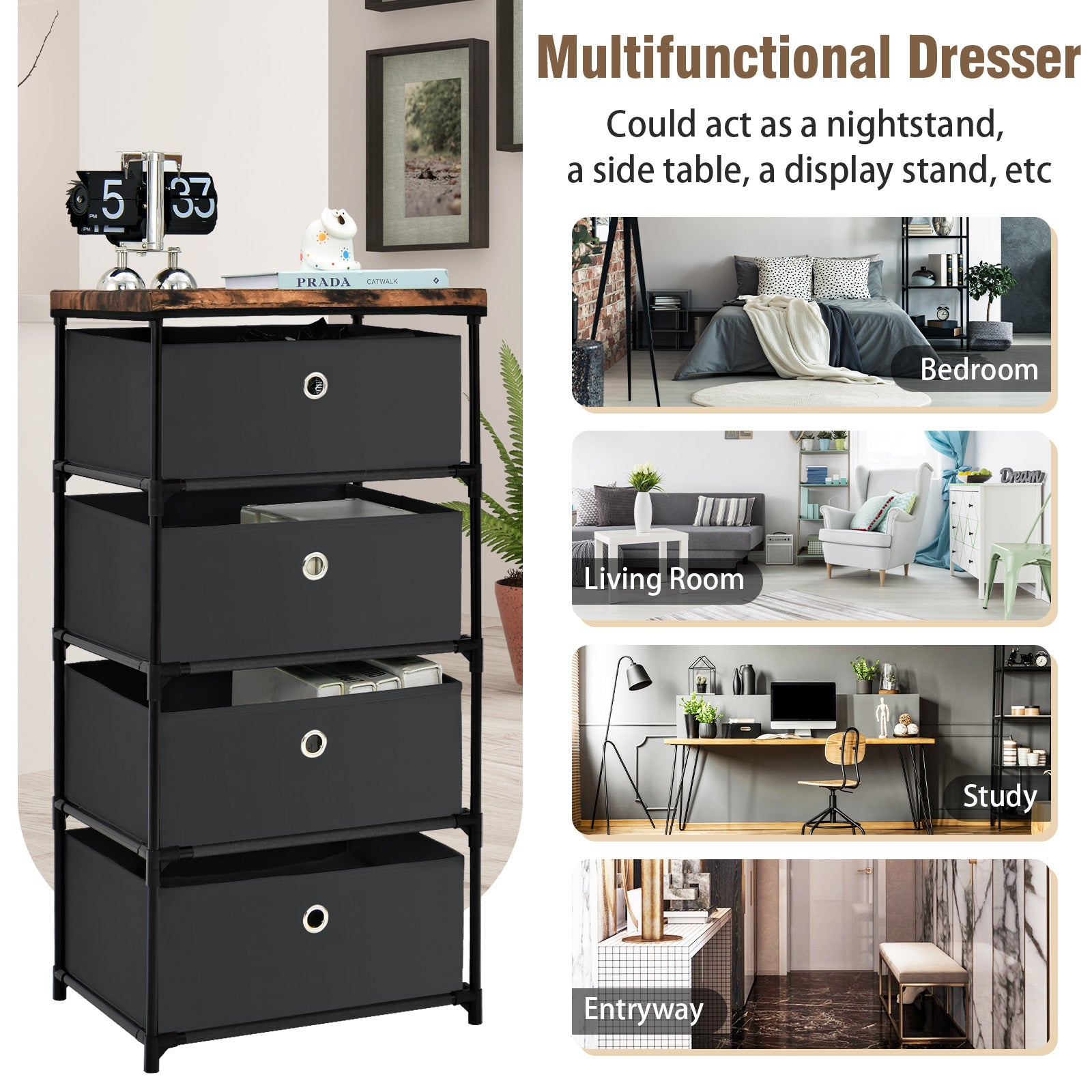 4-Tier Fabric Dresser with Drawers and Metal Frame-Black