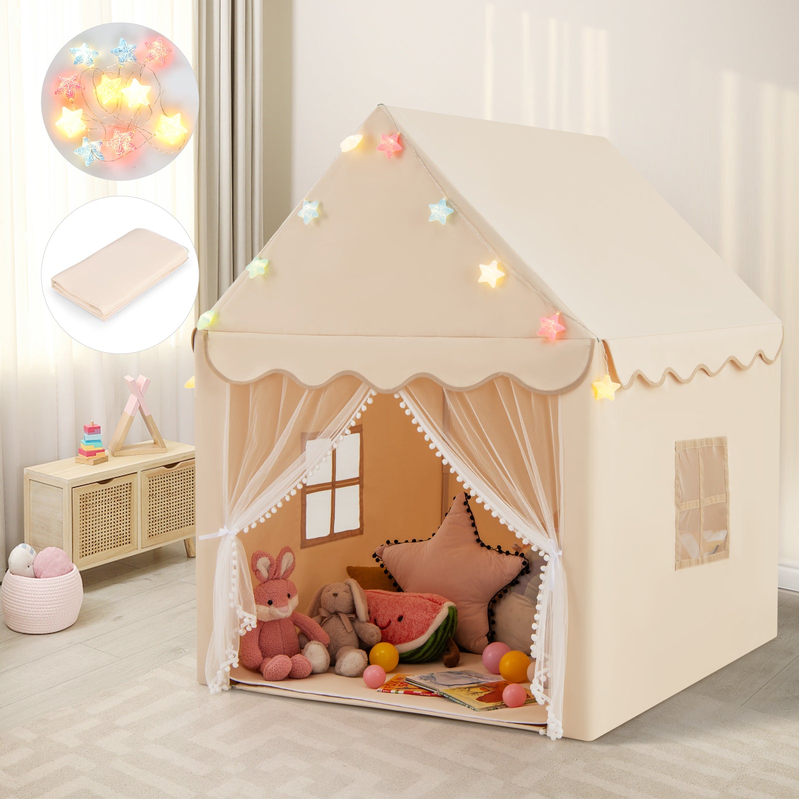 Large Kids Play House with Washable Mat and Star Lights-Beige
