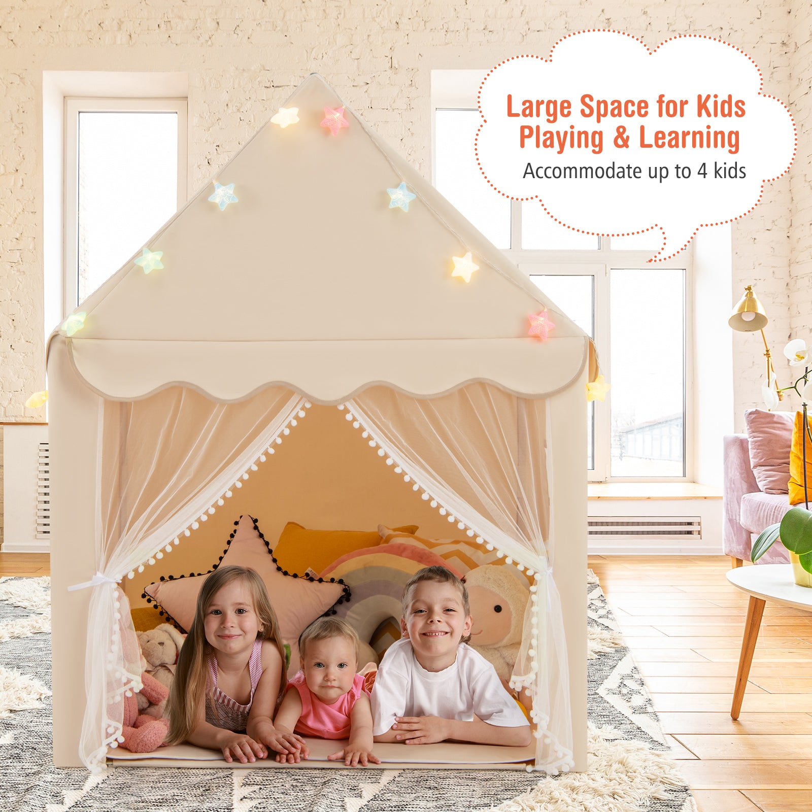 Large Kids Play House with Washable Mat and Star Lights-Beige