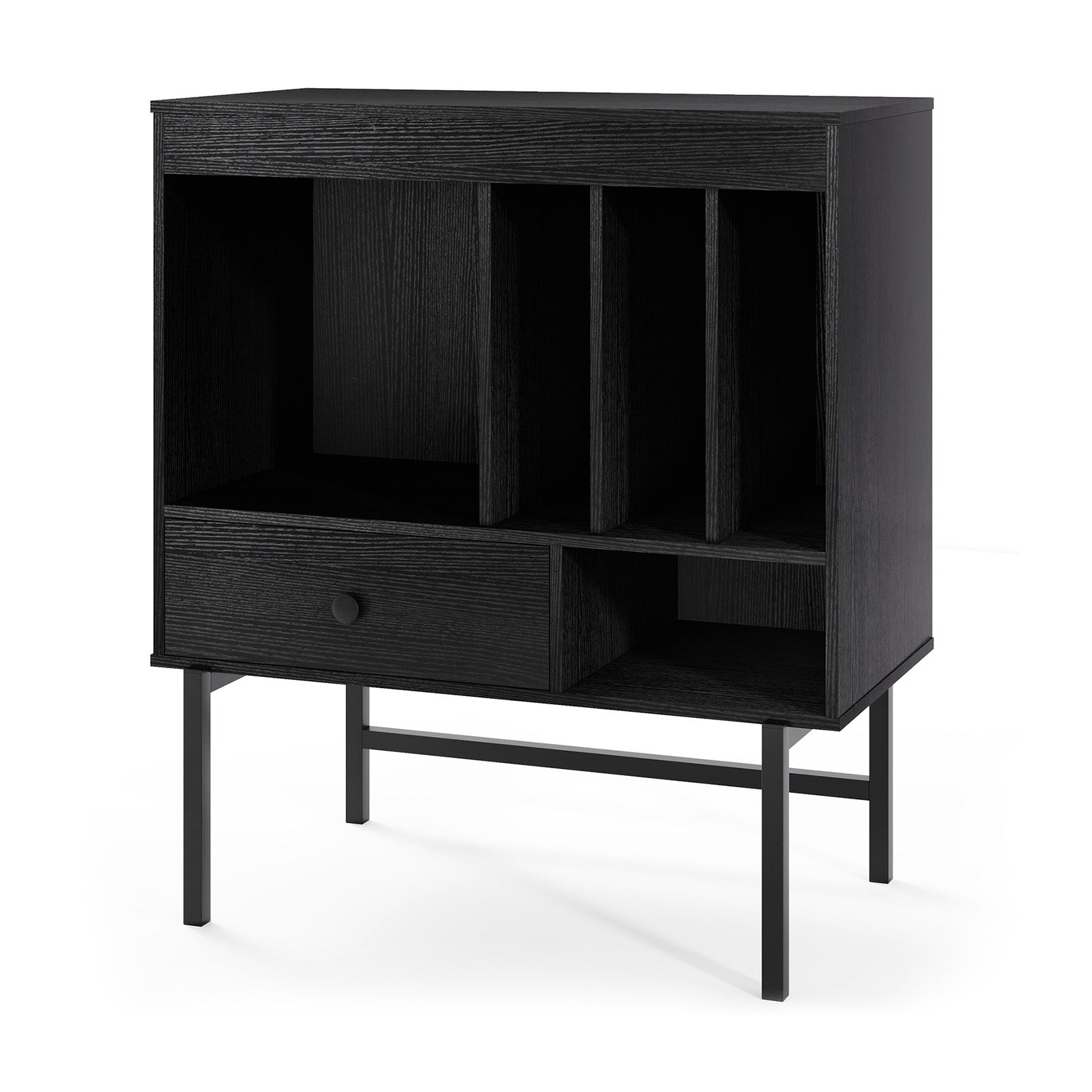 Large Record Player Stand with Open Compartments and Album Holders-Black