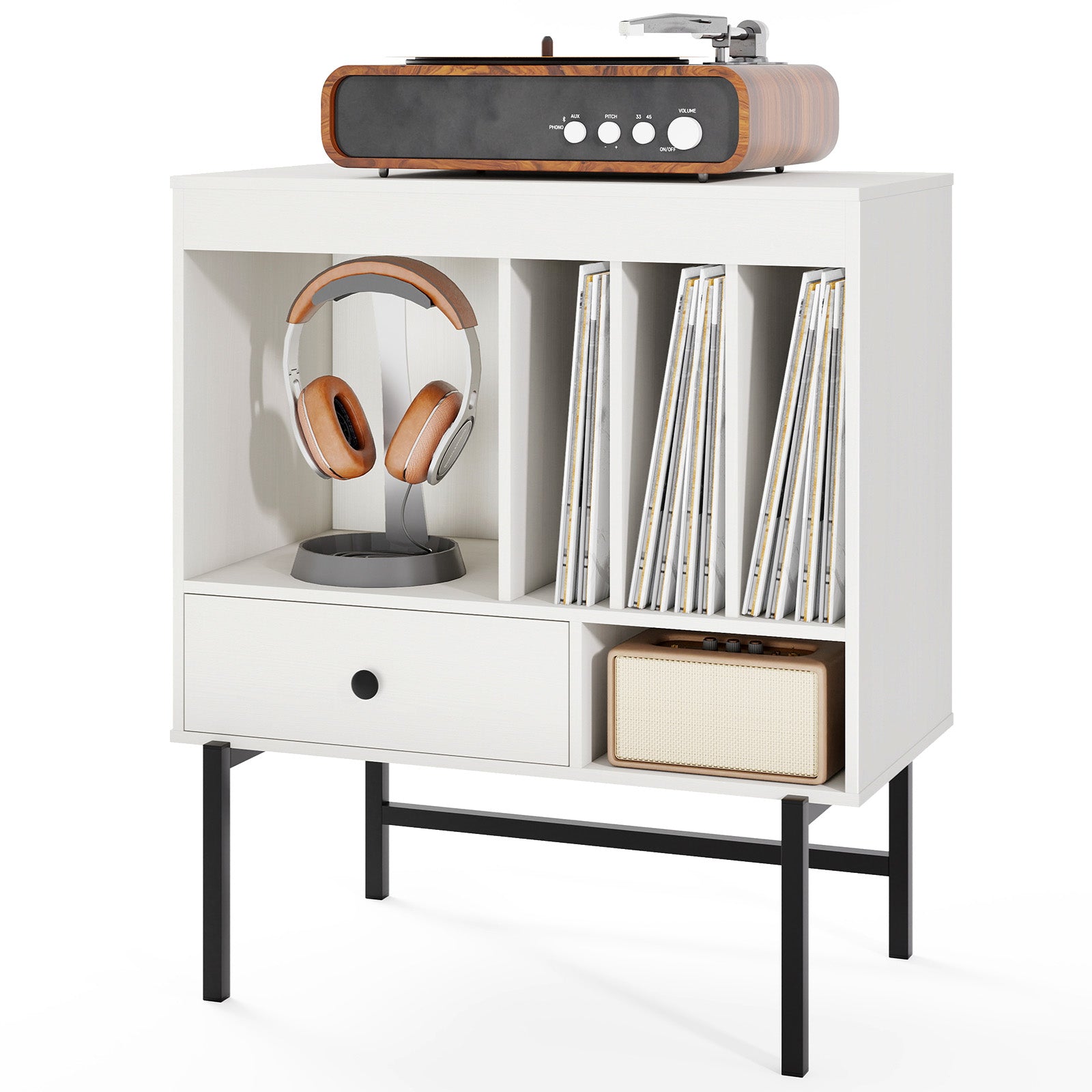 Large Record Player Stand with Open Compartments and Album Holders-White