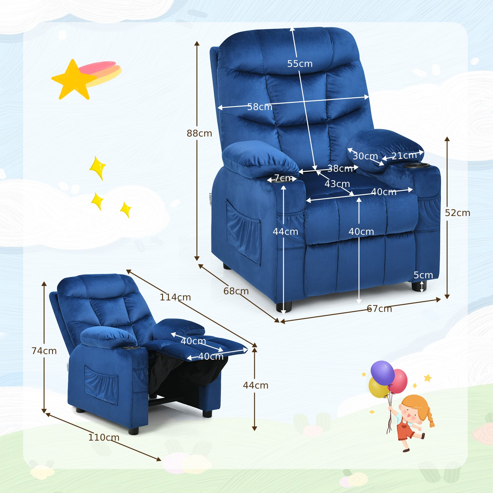 Adjustable Larger Kids Lounge Recliner Chair with 2 Cup Holders-Blue