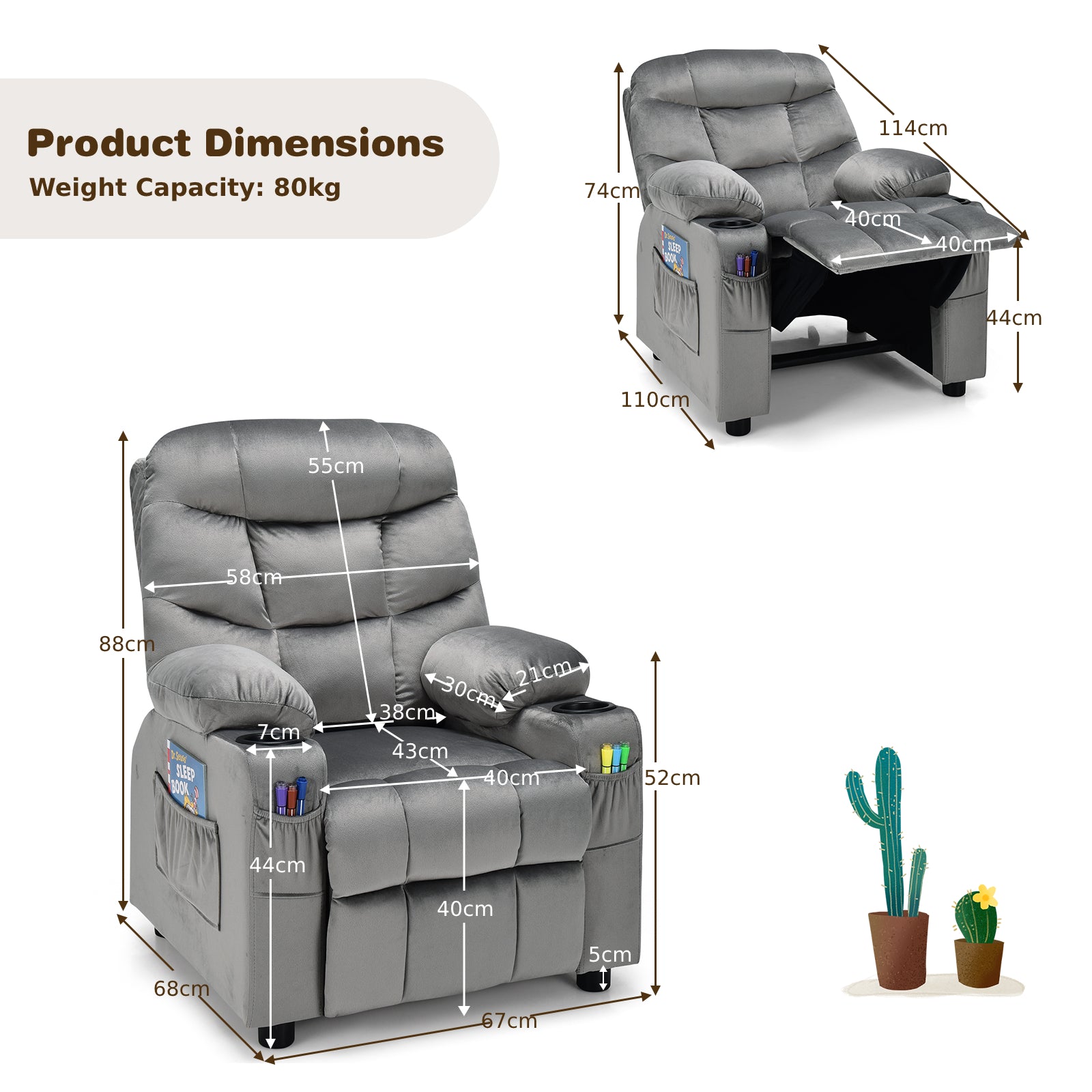 Adjustable Larger Kids Lounge Recliner Chair with 2 Cup Holders-Grey
