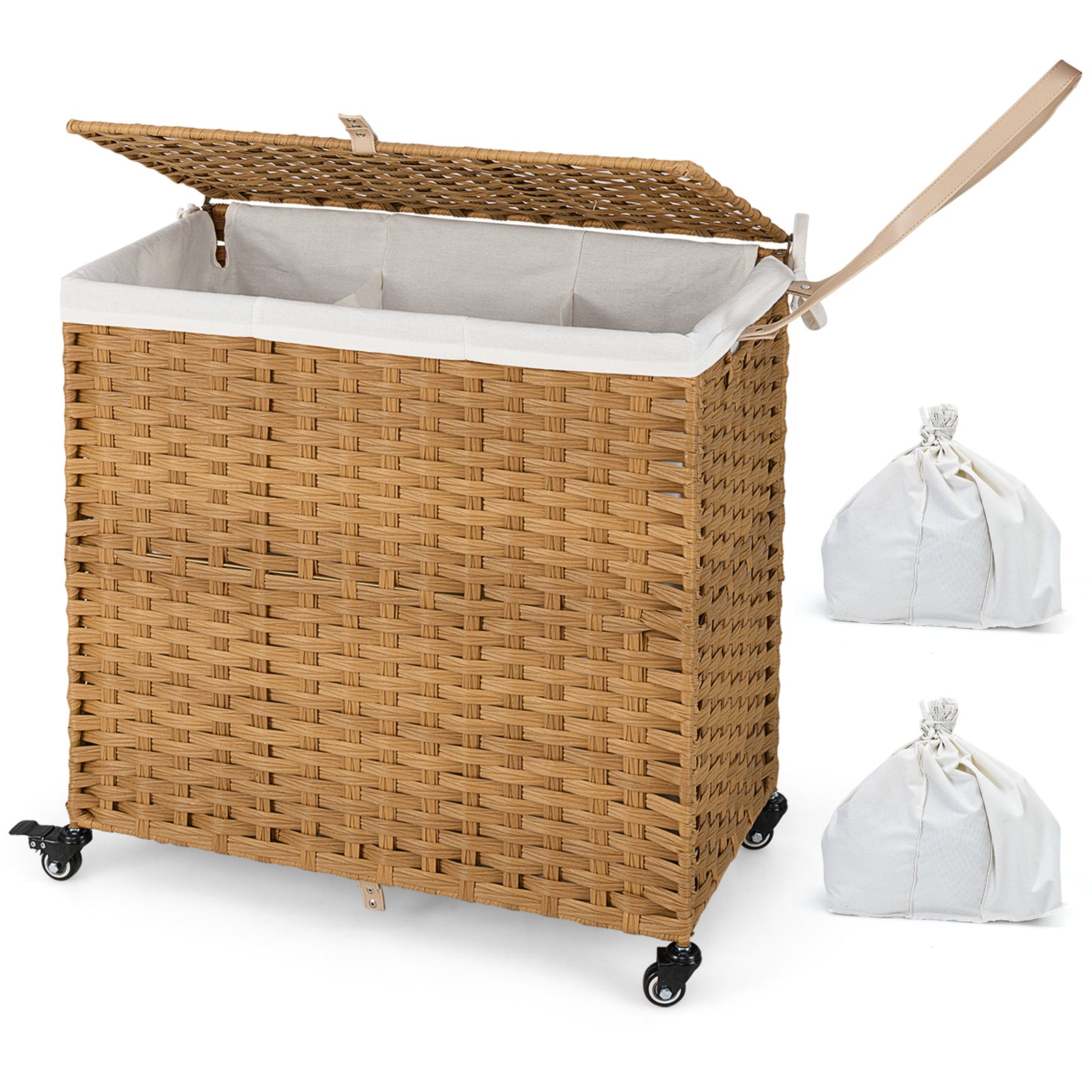 Laundry Hamper with Lid and Wheels and 2 Removable and Washable Liner Bags-Natural